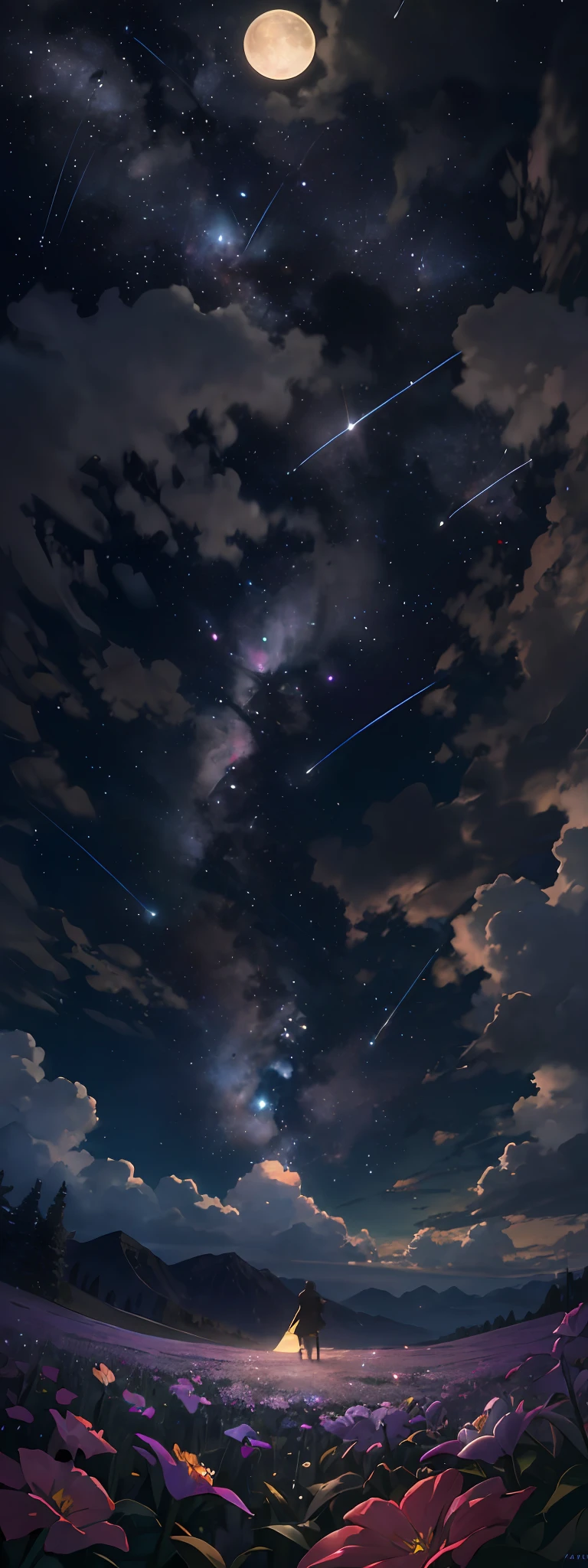 Expansive landscape photograph, (view from below with a view of the sky and the wilderness below), little girl standing in a flower field looking up, (full moon: 1.2), (shooting star: 0.9), (nebula: 1.3), distant mountain, tree break production art, (warm light source: 1.2), (firefly: 1.2), lamp, purple and orange, intricate detail, volume lighting BREAK (masterpiece: 1.2), (highest quality ), 4k, ultra-detailed, (dynamic configuration: 1.4), highly detailed and colorful details (iridescent: 1.2), (sparkling lighting, atmospheric lighting), dreamy, magical, (solo: 1.2)