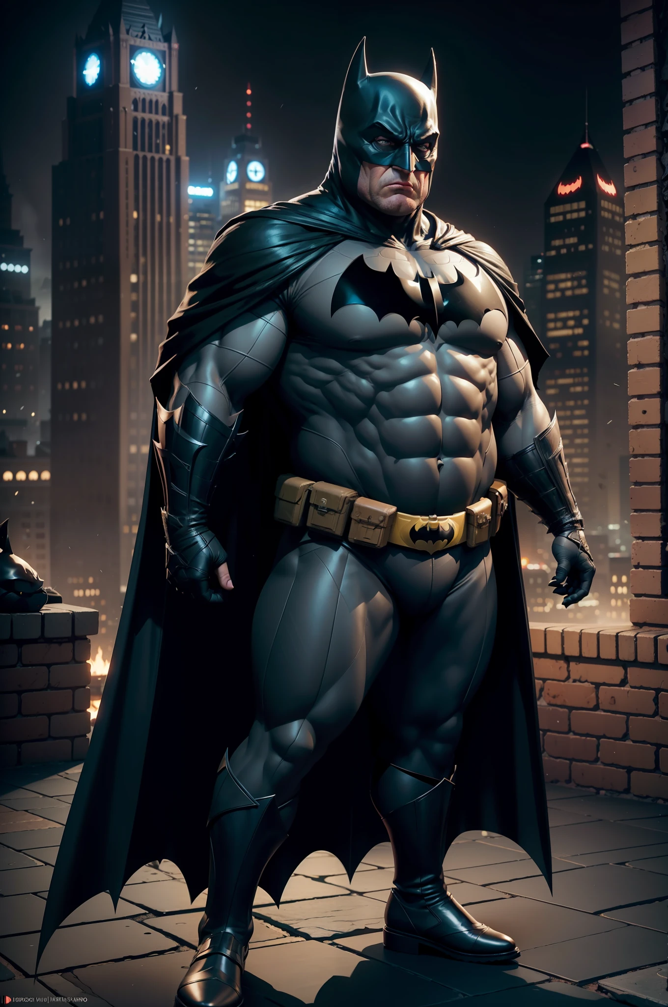 batman in a batman costume standing on a brick floor, fat batman, danny devito as batman, angry batman, pixar octane render, batman, high detail iconic character, from movie batman, pixar. octane render, pixar renderman render, rendered in sfm, sfm render, the batman, portrait of batman, renderman render, pouty look :: octane render