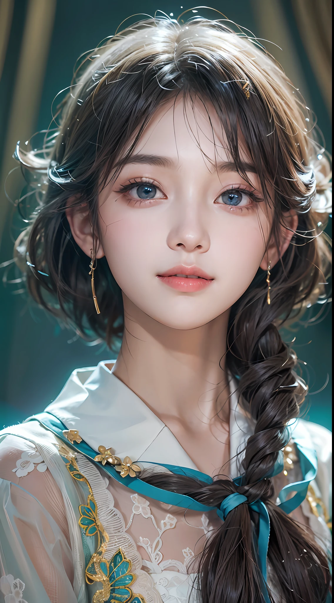 ​masterpiece, 1 beautiful girl, A detailed eye, Swollen eyes, top-quality, 超A high resolution, (reality: 1.4), 电影灯光, japanes, Trendy Korean Cosmetics、a asian beauty, very extremely beautiful, Beautiful skins, A slender, Forward-facing body, (A hyper-realistic), (hight resolution), (8K), (ighly detailed), ( Best Illustration), (beautifully detailed eyes), (ultra-detailliert), (wall-paper), 详细的脸, Bright lighting, Professional Lighting, looking at the viewers, Facing straight ahead、short-hair、Neat and clean clothing、background slightly blurred、hair color is black、Hair color is partially bright blue、Japanese high school  girl、School Uniforms、Amazing smile、eye color is brown、