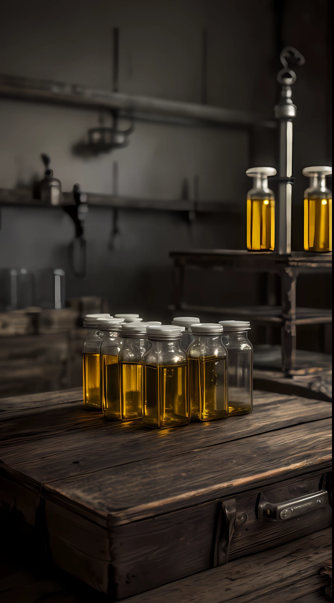 (masterpiece, best quality, 8K, photo-realistic:1.4), several (plague vaccine vials:1.2), encased in old dusty box, vintage metal syringe, tarnished but sharp, concentration camp lab background, weathered wooden table, broken glassware, (light casting long, dramatic shadows:1.1), grayscale, (aged photo effect:1.2), signs of wear and tear, faded sepia, somber, heavy atmosphere, side view.
