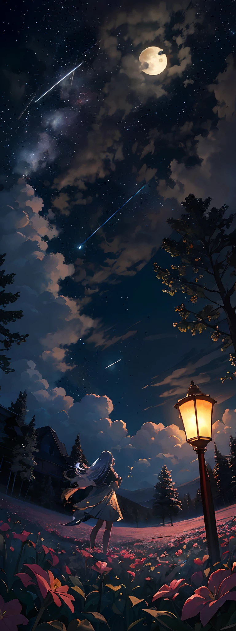 Expansive landscape photograph, (view from below with a view of the sky and the wilderness below),  girl standing in a flower field looking up, (full moon: 1.2), (shooting star: 0.9), (nebula: 1.3), distant mountain, tree break production art, (warm light source: 1.2), (firefly: 1.2), lamp, purple and orange, intricate detail, volume lighting BREAK (masterpiece: 1.2), (highest quality ), 4k, ultra-detailed, (dynamic configuration: 1.4), highly detailed and colorful details (iridescent: 1.2), (sparkling lighting, atmospheric lighting), dreamy, magical, (solo: 1.2)