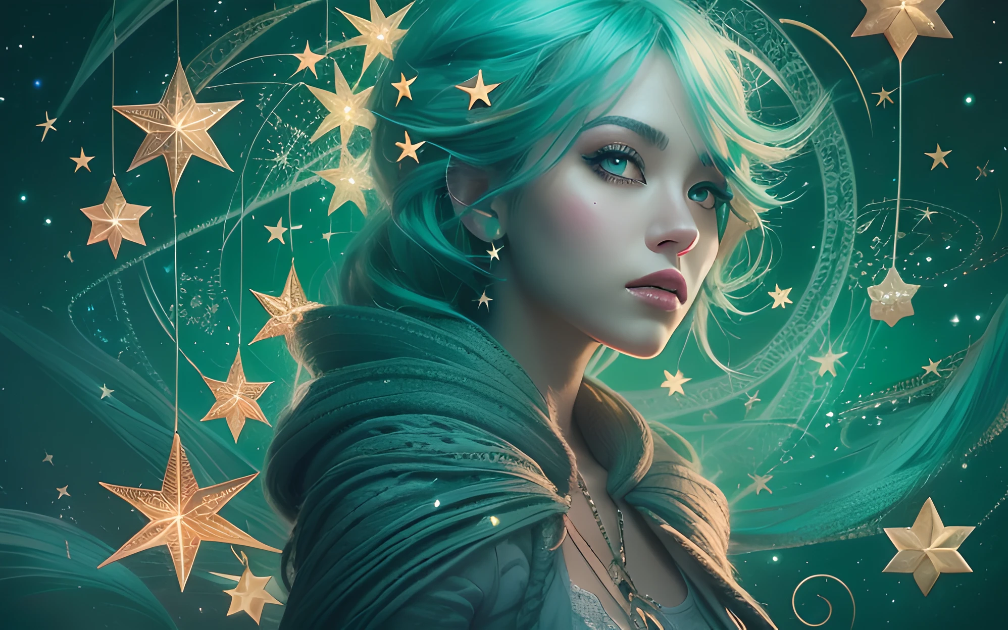 full body length shot,there is arrogant woman with green-blue hair and stars on her eyes, stunning digital illustration, starry eyes, fantasy, digital fantasy , beeple and jeremiah ketner, fantasy art behance, beautiful digital illustration, beautiful digital artwork,  detailed matte fantasy photosnap, deviantart artstation cgscosiety, 8k highly detailed digital