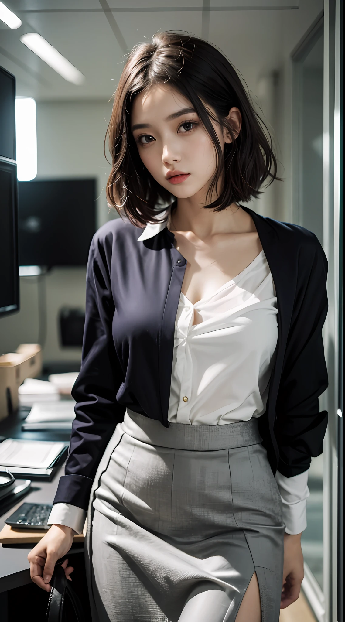 1girl in, (((shorth hair))), Business suits,((long skirt)),(masterpiece, top-quality, Near and far law), beautiful expression, in 8K, Raw foto, Photorealsitic, film grains, chromatic abberation, hight resolution, ultra-detailliert, finely detail, 动态照明, Dramatic Lighting、shadowy、extremely detailed eye and face、Round pupils、Modern and luxurious office、long legged