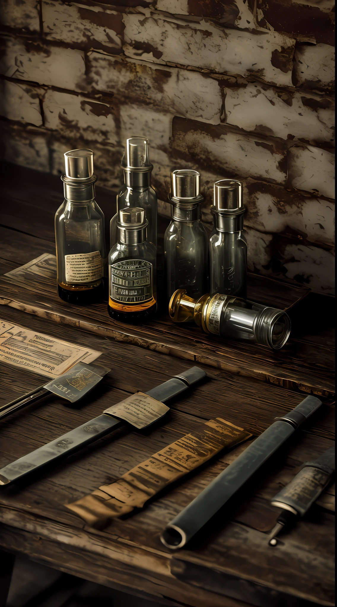 (masterpiece, 8K, high resolution, photo-realistic:1.3), (plague vaccine vials:1.2), vintage metal syringe, arranged meticulously, stark metal tray, worn wooden lab table, faded labels, discolored liquid, concentration camp lab backdrop, barren brick walls, dim lighting, (WW2 era:1.1), grayscale, (aged photograph texture:1.2), frayed edges, cool gray tones, intense atmosphere, top-down perspective.