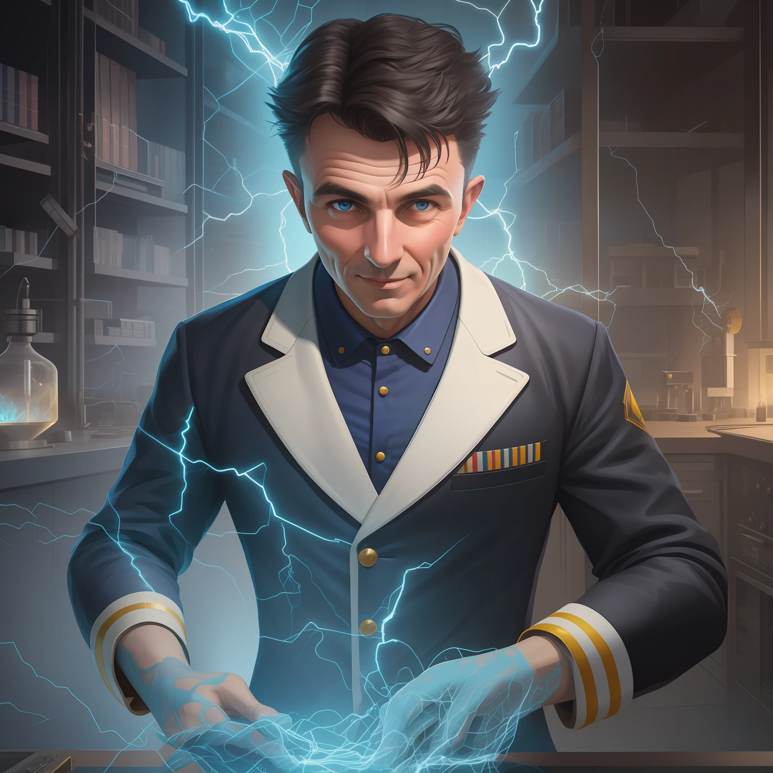 poster of happy Nikola Tesla with steel-blue electricity waves in his hands in the tesla laboratory, face is covered by highly detailed, vibrant color, high detail. fractal details, depth of field, HOF, hall of fame, vibrant, Rough sketch|centered| key visual| intricate| highly detailed| breathtaking| precise lineart| vibrant| panoramic| cinematic| Carne Griffiths|8k, unreal engine 5, ((MASTERpiec)) Teddi Mansueto .