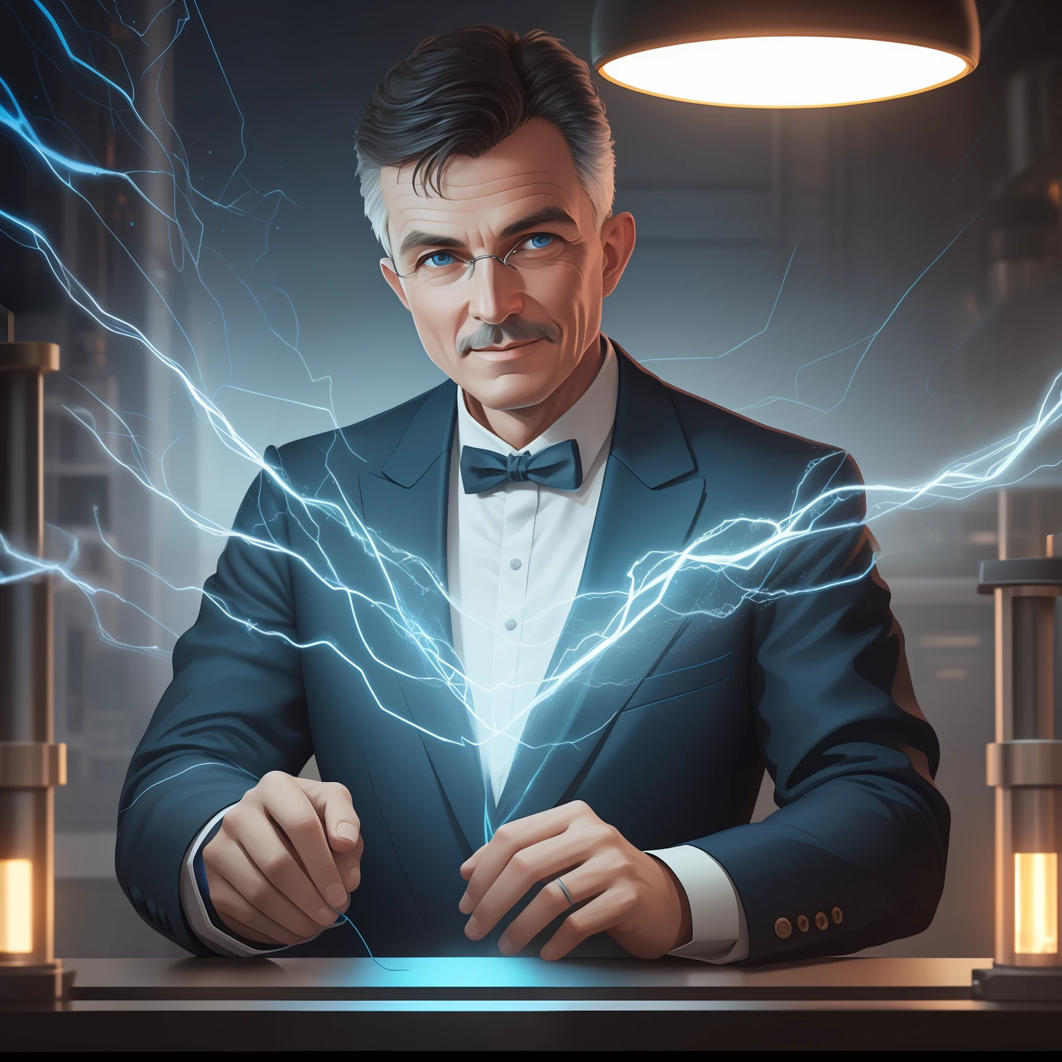 poster of happy Nikola Tesla with steel-blue electricity waves in his hands in the tesla laboratory, face is covered by highly detailed, vibrant color, high detail. fractal details, depth of field, HOF, hall of fame, vibrant, Rough sketch|centered| key visual| intricate| highly detailed| breathtaking| precise lineart| vibrant| panoramic| cinematic| Carne Griffiths|8k, unreal engine 5, ((MASTERpiec)) Teddi Mansueto .