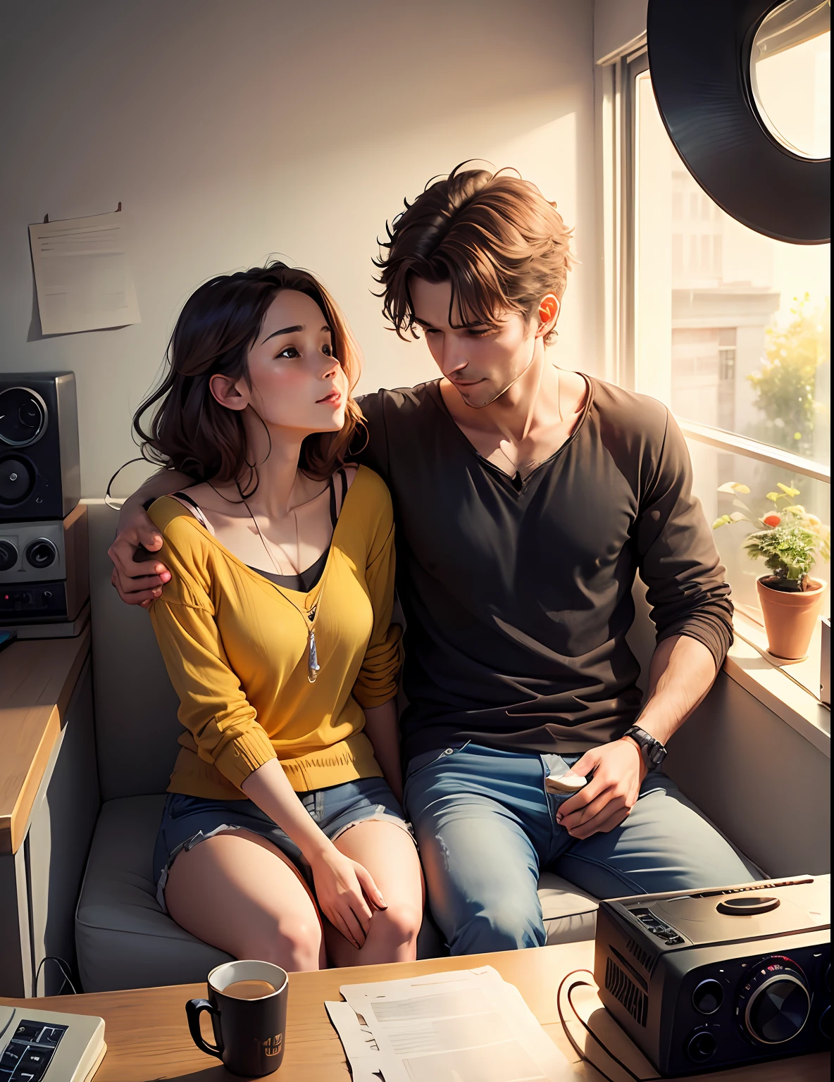 Loving couple listening to the radio in the room --auto