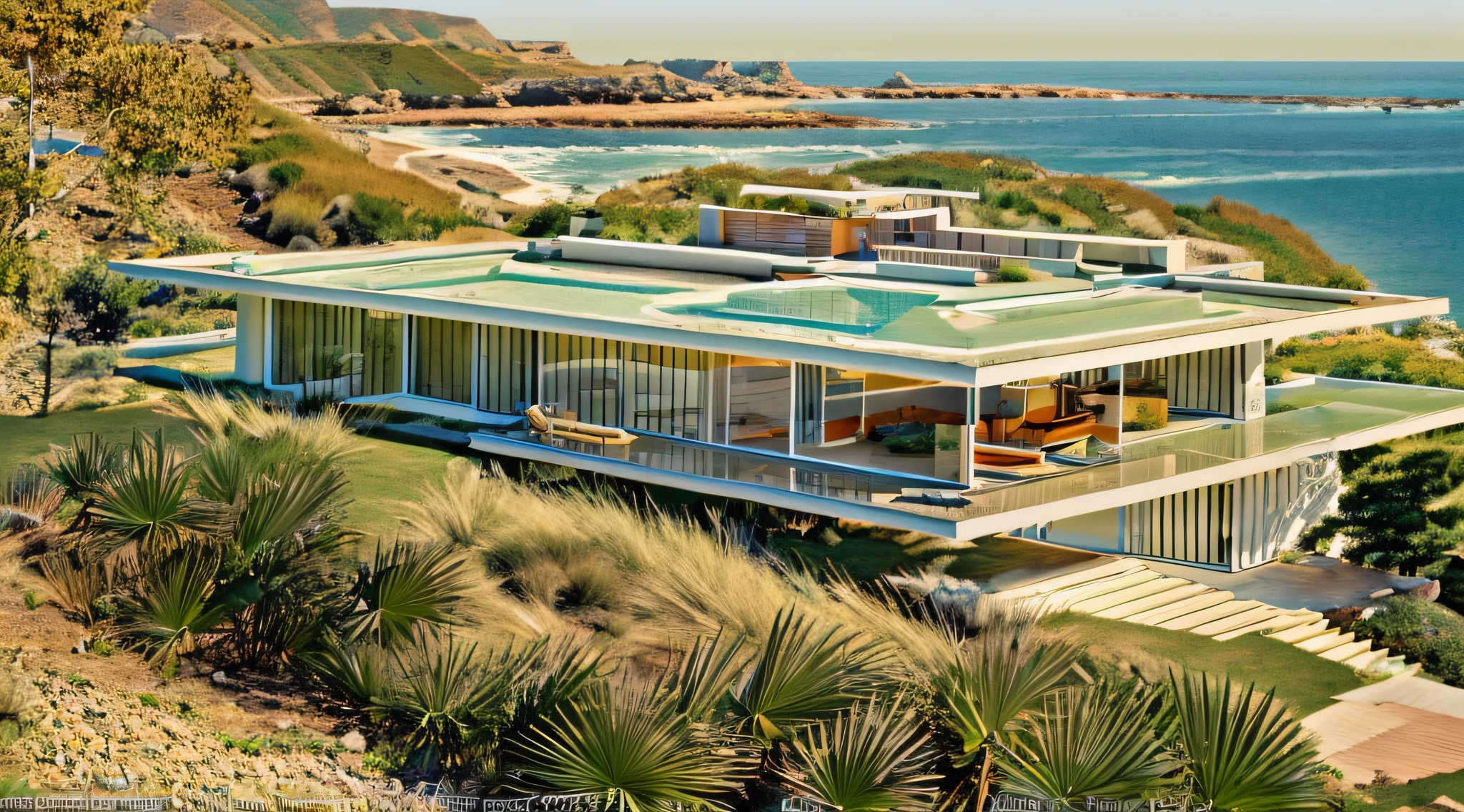 hyper realistic eye level exterior photo of a mid century modern style house overlooking the ocean, daylight, indirect lighting, AD magazine, Frank Lloyd, Eames, Mies van der Rohe