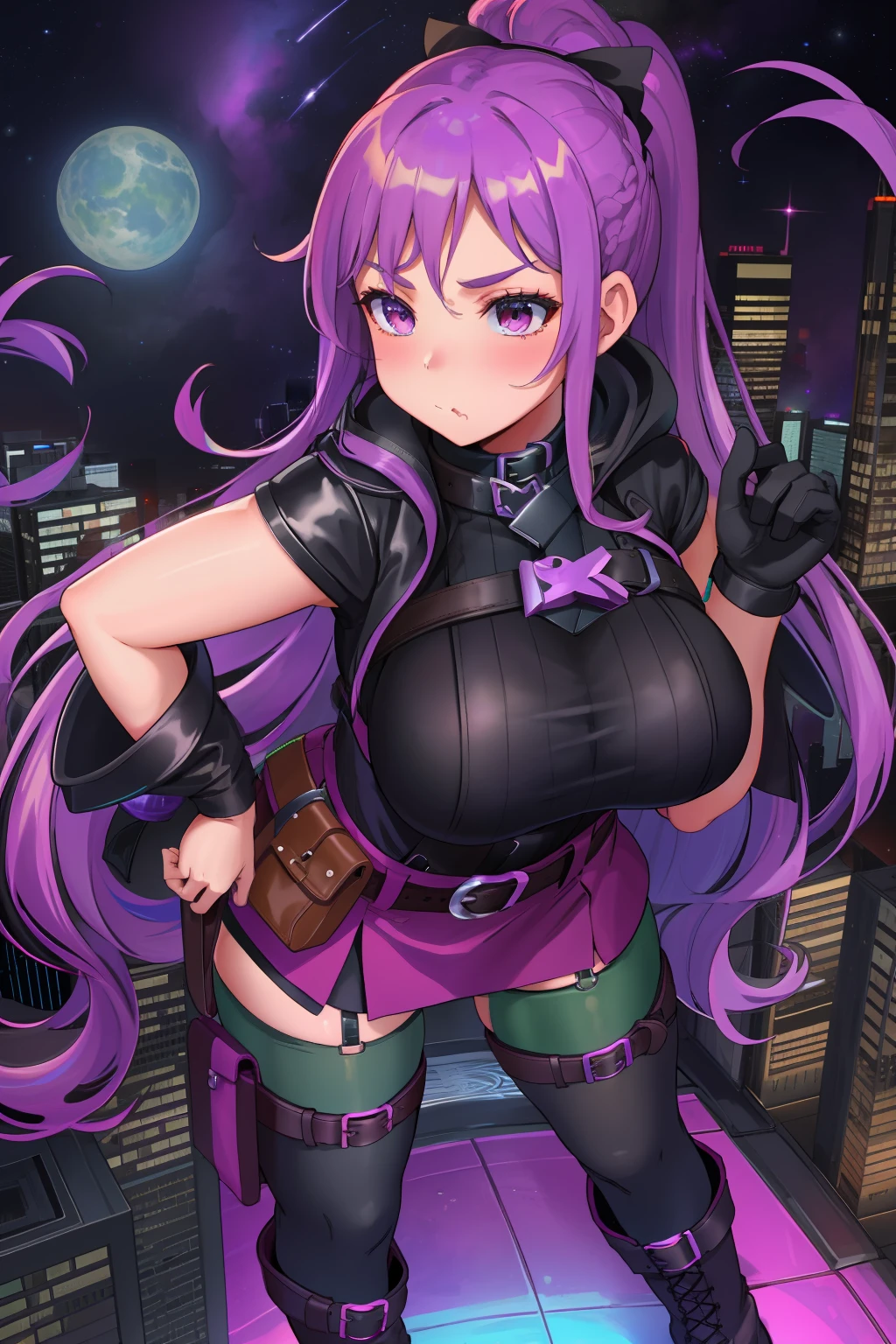Leather boots,narcissistic,pouting,curvy,very long hair,side locks,space buns,medium breast,black light,belt pouch,belt buckle,potion seller,Gtscity,brown boots,Gts,towering over city,city space