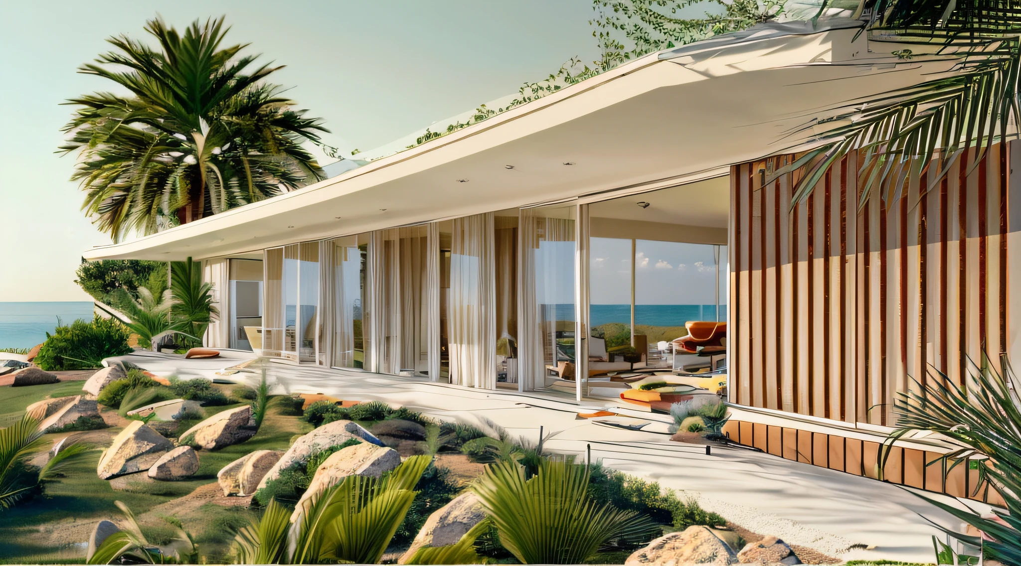 hyper realistic eye level exterior photo of a mid century modern style house overlooking the ocean, daylight, indirect lighting, AD magazine, Frank Lloyd, Eames, Mies van der Rohe
