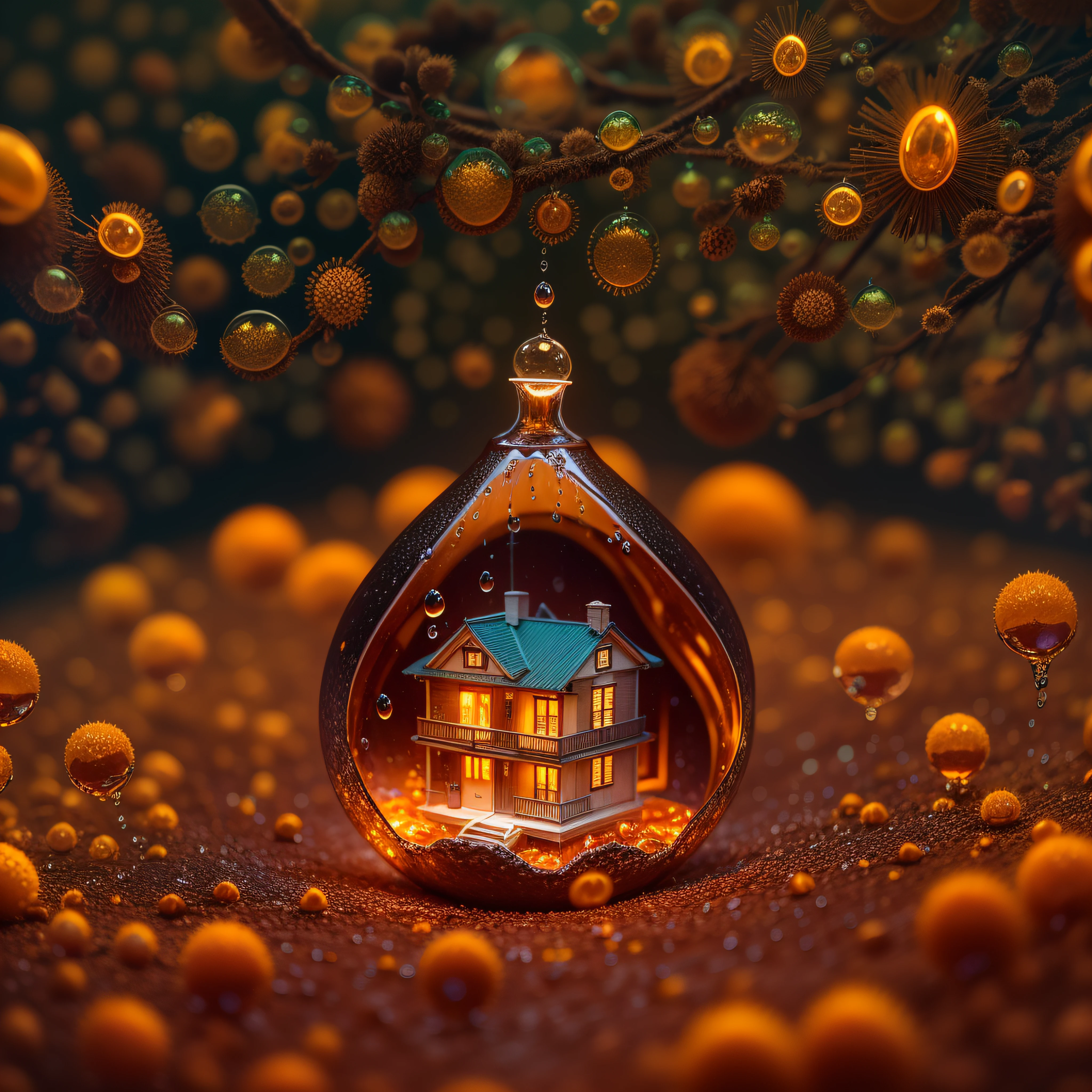 macro photography, Image of a beautiful house inside a water drop, droste effect photography, surreal photography, 3d, bright bold colors, burnt amber, bioluminescence