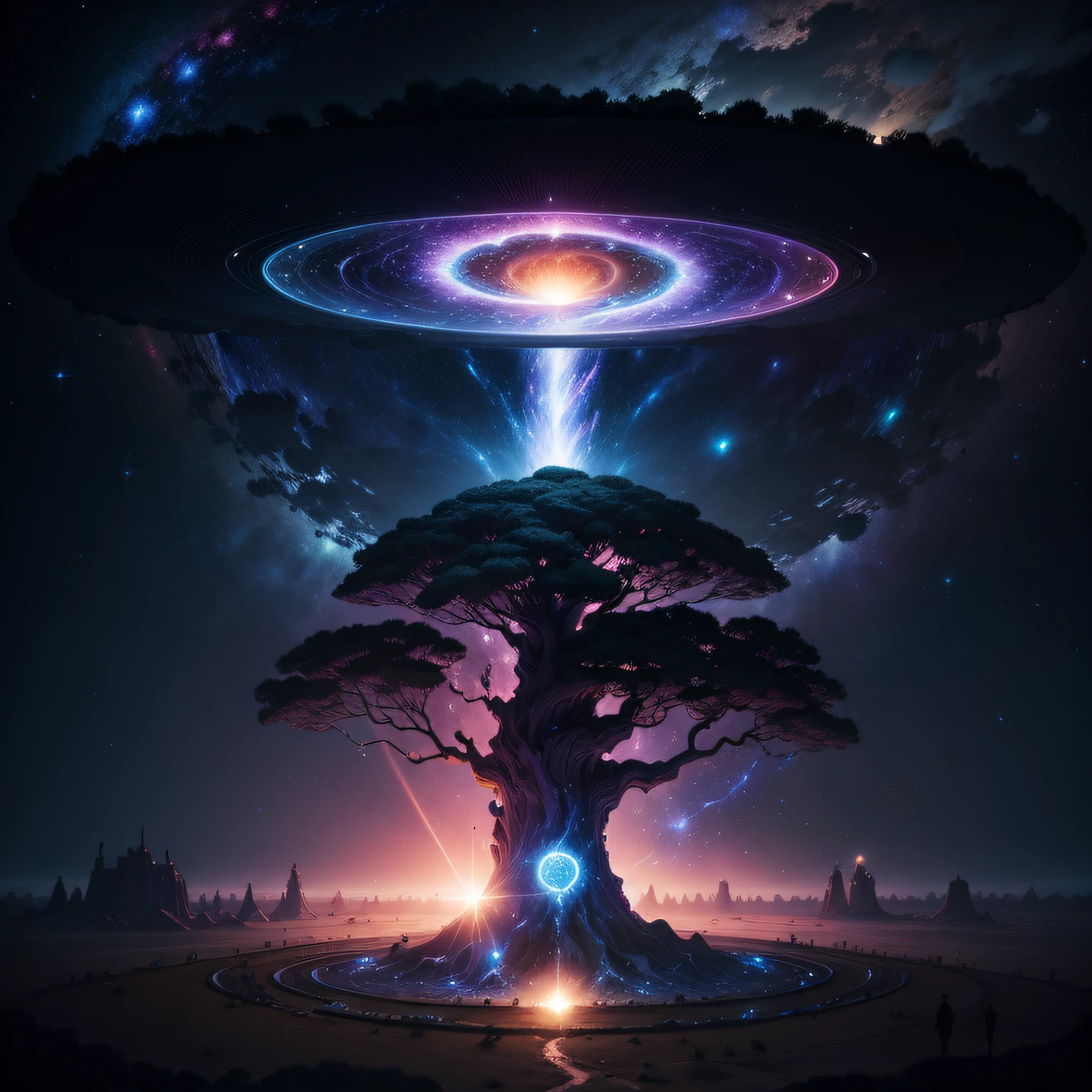 Surrealist view of the milkway galaxy filling the tree of life with cosmic power on dystopian plains, 8k, UHD --auto