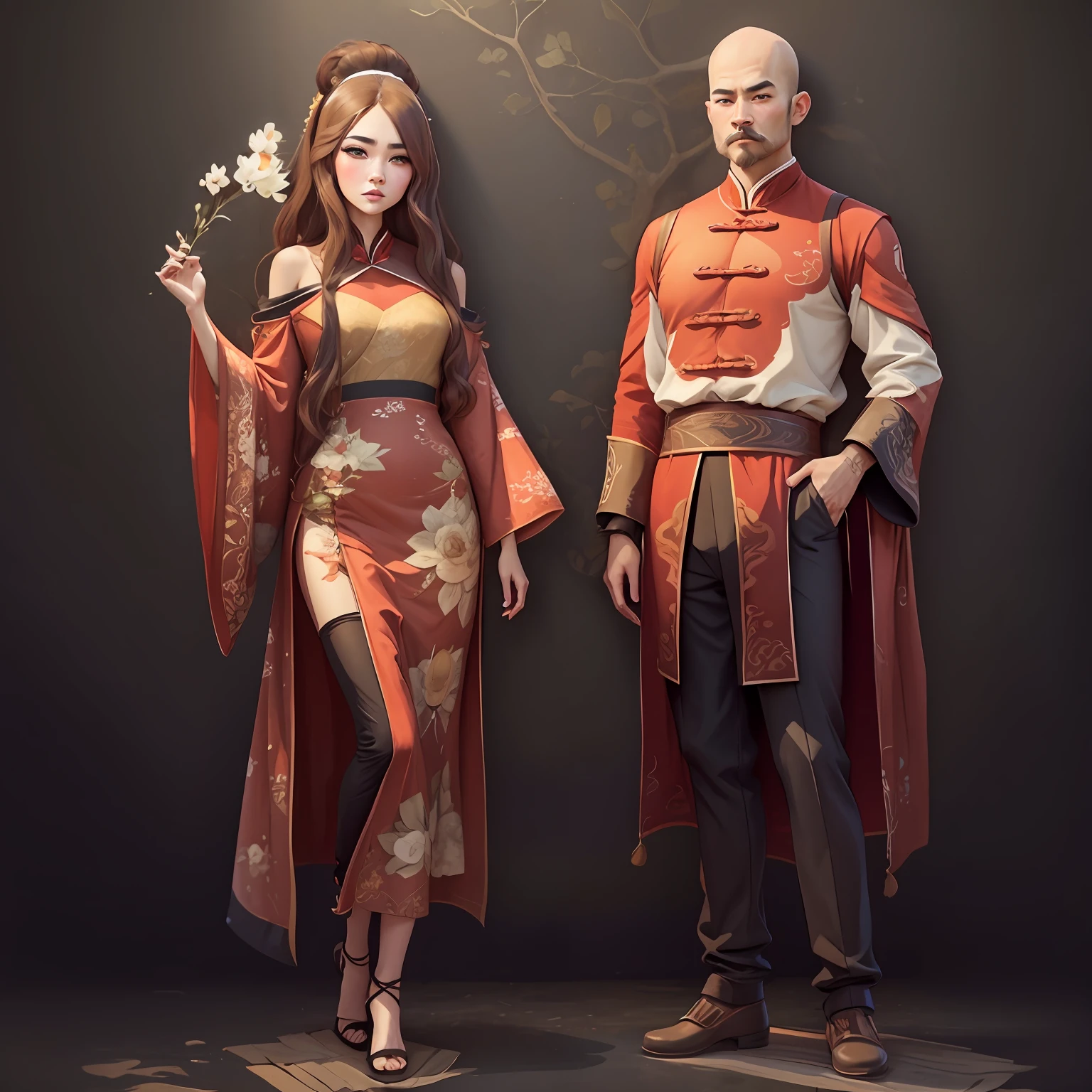 Full body drawing of a Chinese couple. The man is bald, tem barba e veste roupas tradicionais chinesas. The woman has long brown hair and is also dressed in Chinese garb. man with black beard