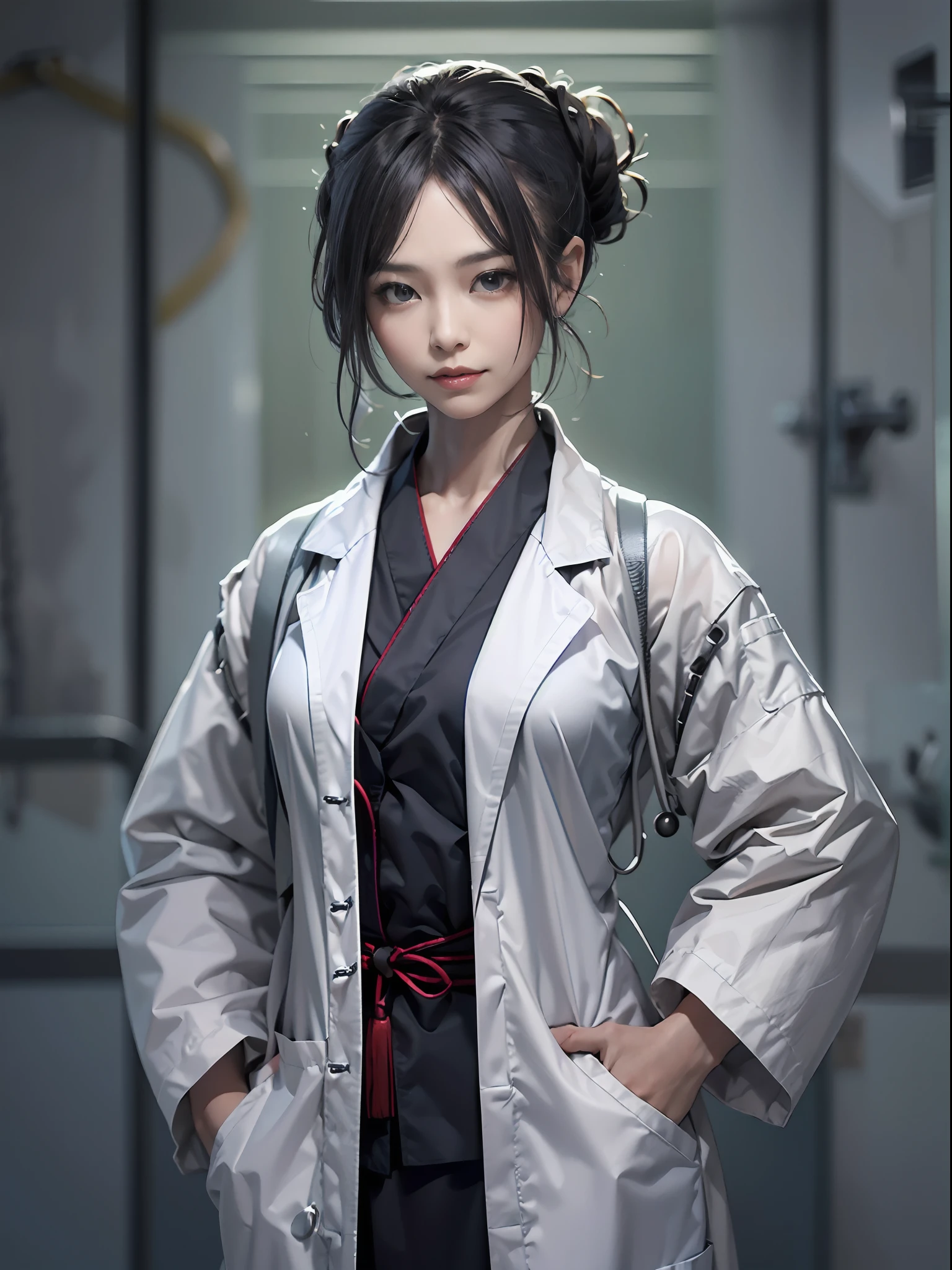 (Character: one medical examiner woman, 40 years old, chinese, high bun in the hair,small smile)
(Clothing: medical coat, gray hakama)
(dynamic pose)
(best quality, masterpiece),looking at viewer, upper body, blurry, dark alley)