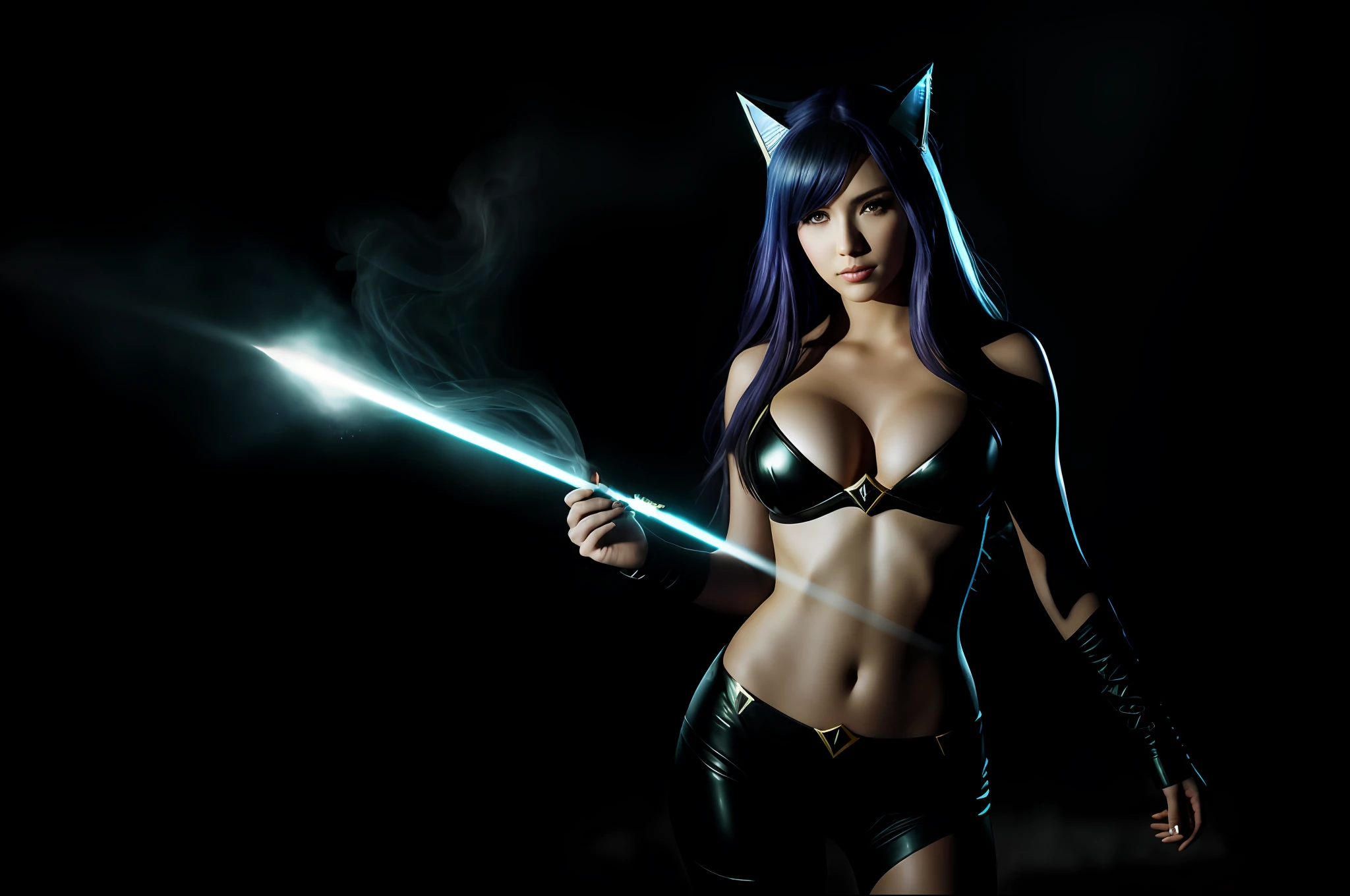 A palavra "lux" escrita em primeiro plano, ((Ahri de League of Legends, Ultra realista)), (((corpo inteiro))), ((perfect hands)), Usando a Arma Samurai, fundo antigo, elegante, gray and black smoke, atordoante, hyper realistic, octan render, surrounded by the effect of smoke and lightning, Estilo League of Legends, fundo antigo, elegante, deslumbrante, (papel de parede), arte conceitual, detalhes intrincados, altamente detalhado, ((cinemactic)), Dramatic, (mais alta qualidade, Concedido, obra-prima:1.5), (fotorrealista:1.5), fotografia, Realistic photo, Nikon, Luz Natural, 4k, highes definition, XF IQ4, 150MP, 50 millimeters, ISO 1000 Certification, 1/Anos 250, Luz Natural, Adobe Lightroom, photolab, Photographic Affinity, PhotoDirector 365,