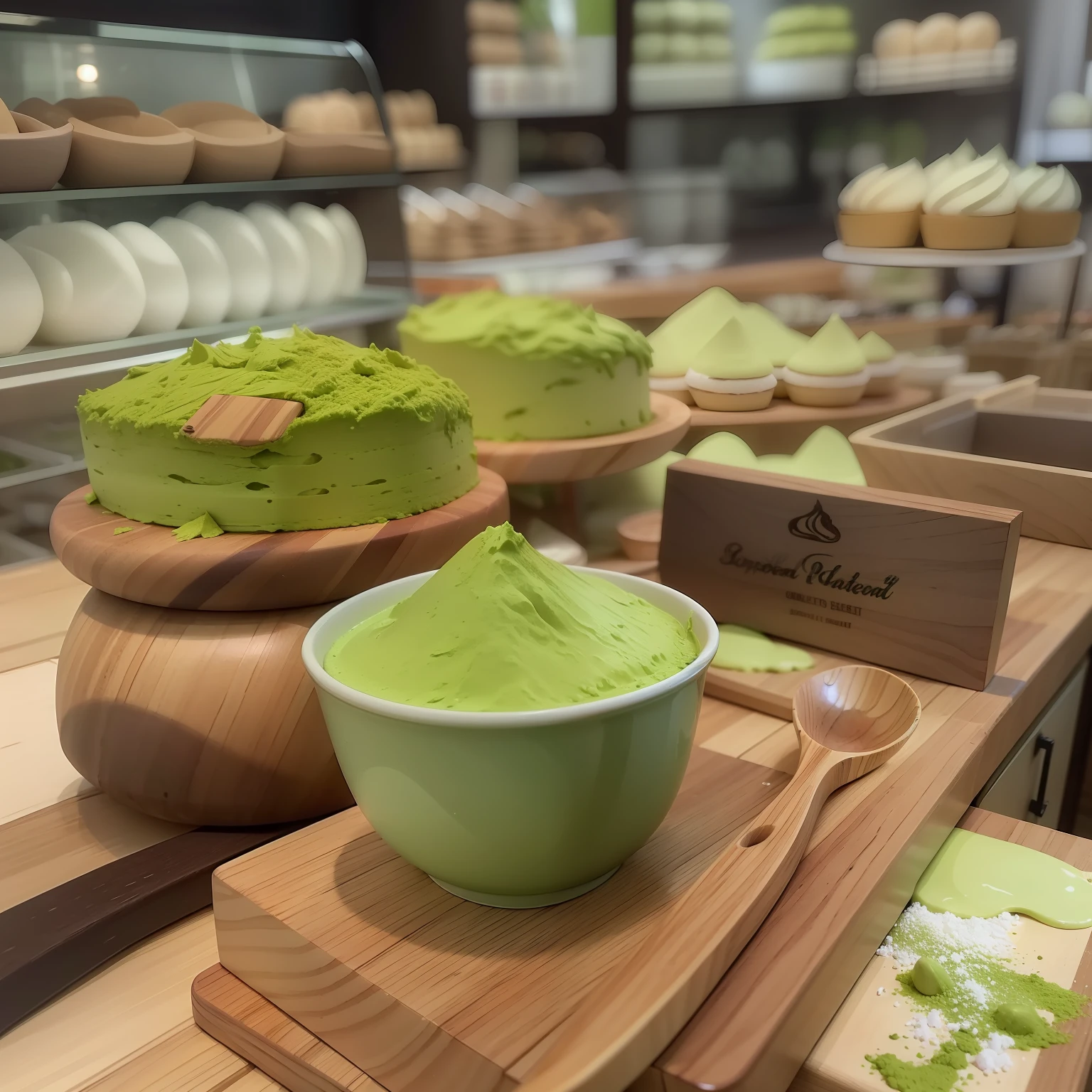 The wooden spoon has a bowl of green powder, loputyn and matcha, Green, Green tea,Official product image,In a bakery,Standing was a large professional-grade baker,There are many delicious cakes on display