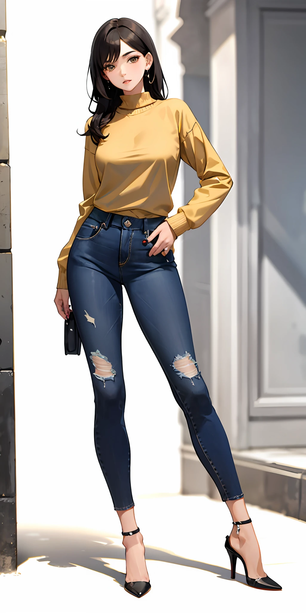 mulher madura, dark hair longo, wearing white sweater, dark blue jeans, salto alto beige, cozinha, preocupada, concerned, high heels beige, Full body, high heels shoes,