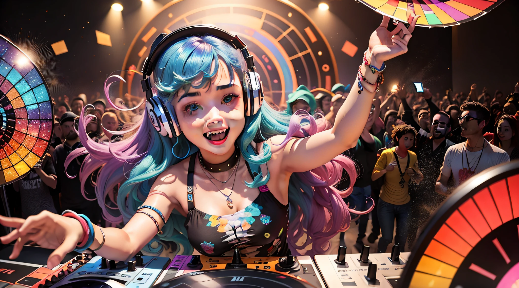 Um DJ em um mar de cores realistas, girando discos e criando uma atmosfera vibrante, the crowd dancing in a kaleidoscope of hues, All happy to the sound of the surrounding music.