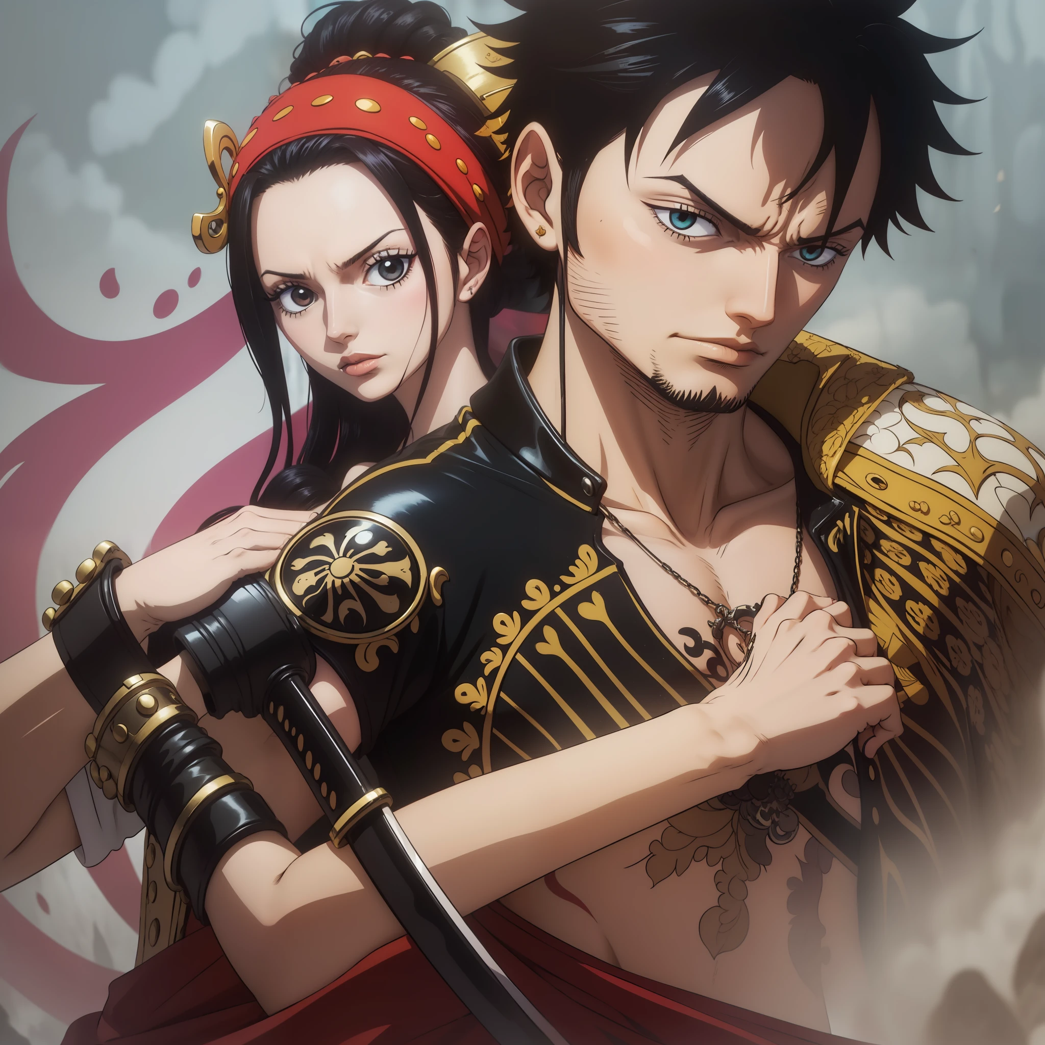 melhor qualidade, mulher de olhos vermelhos sentada, poser, Man King of the Pirates com uma tatuagem de dragão, espadachim usando duas katanas, lado a lado, rindo, felizes, majo, Pose para foto, sentado: Nico, Robin e Luffy, dois homens e uma mulher, Captain King of the Pirates;