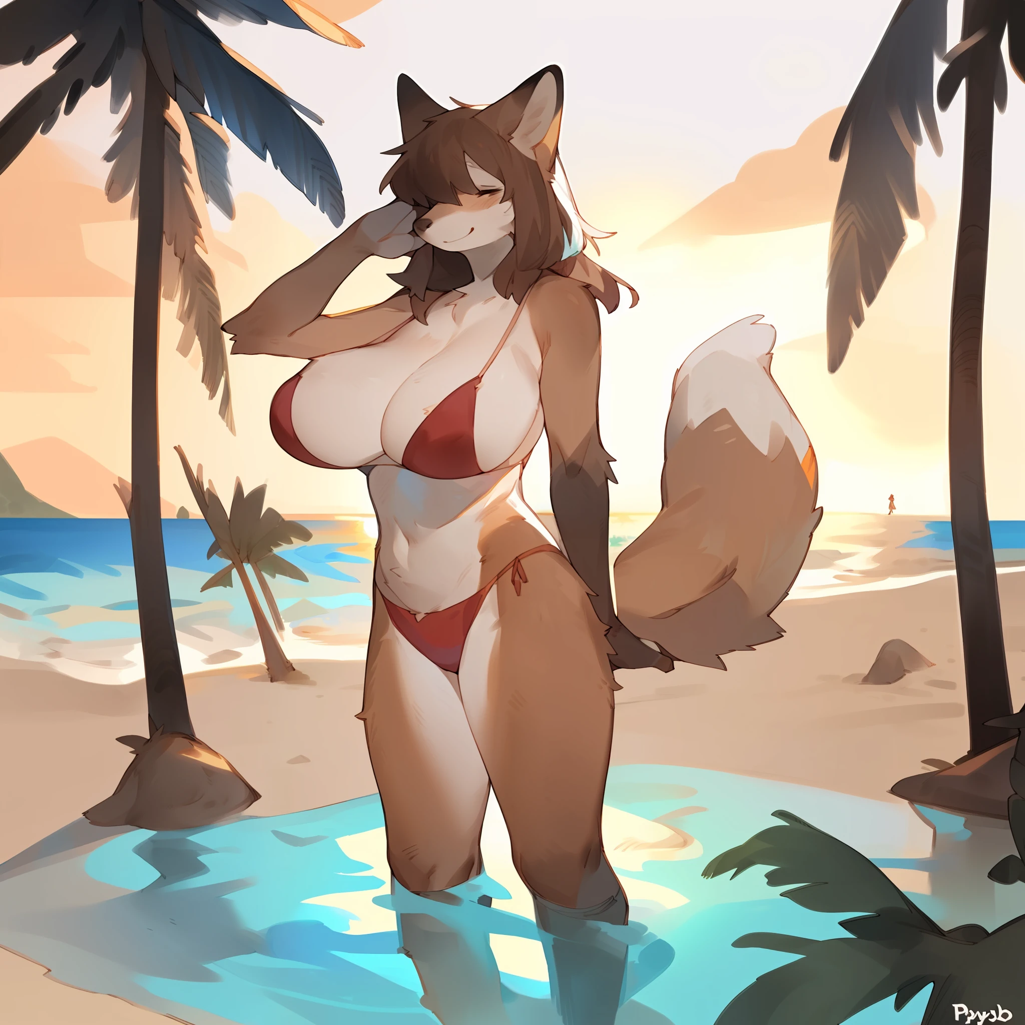 Solo, female, hair covering eyes, brown hair, brown fur, canine, brown fox, black nose, big breasts, smiling, big tail, red bikini, standing, standing on the beach at sunset, next to a palm tree, dolphins swimming in the distance, (((by bebebebebe, by spuydjeks))), ((by spikedmauler))
