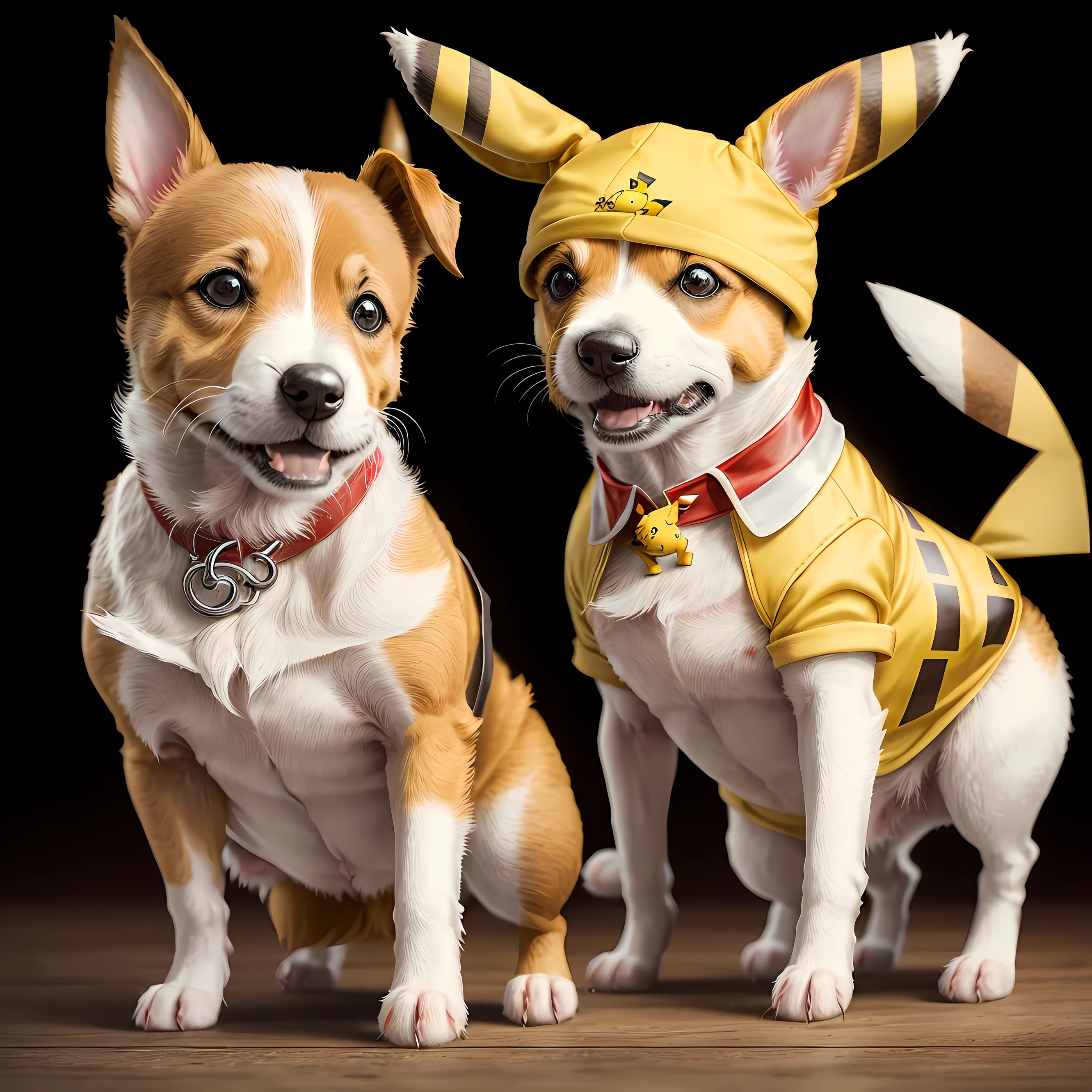 Ein Jack Russell Terrier, der niedlich in die Kamera schaut, wears a Pikachu costume. Fotorealistisch. --auto