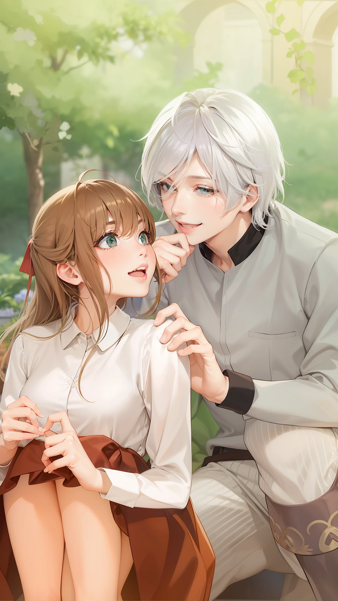 1 mulher, olhos verdes, cabelo castanho escuro, 1 homem cabelo branco, ele tem olhos azuis, sorriso suave, atmofesra medieval, obra prima, anime, realista