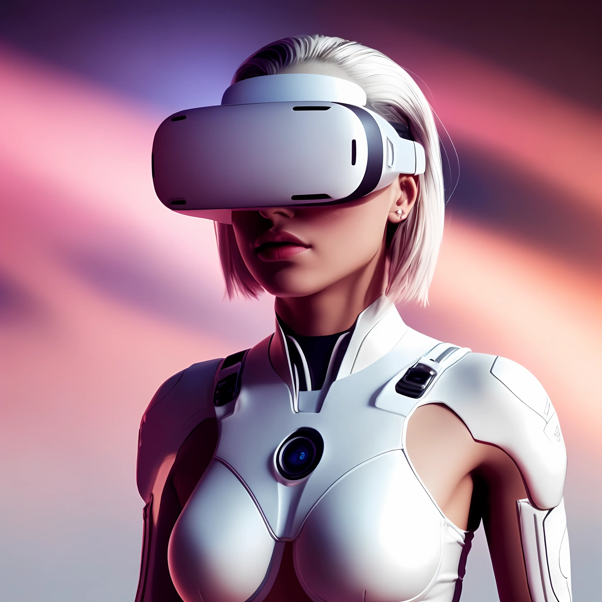 Crie uma foto realista de uma mulher ciborgue de 24 anos, blonde hair, em cores brancas e detalhes em preto, using 1 VR 360 glasses, Realidade virtual, (extremamente detalhado CG unidade 8k papel de parede), foto da obra mais bonita do mundo, Majestoso Profissional (8k uhd fotografia, DSLR, soft lighting, alta qualidade, filmic grain, sharp focus Fujifilm XT3, f 5.6, High detail, foco nítido , (Olhando para o Viewer: 1.2),(luz natural). --auto