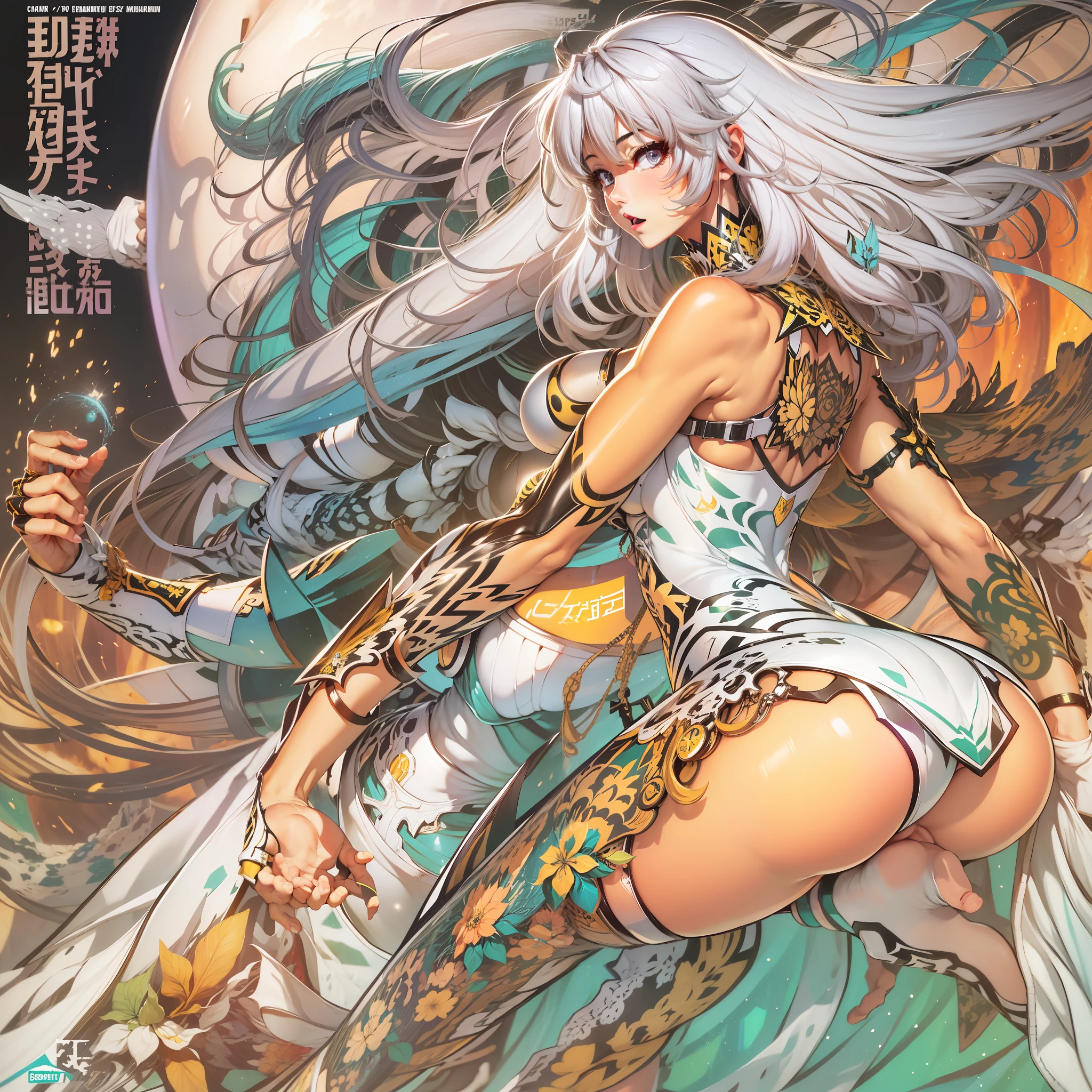 a close up of a woman in a dress with a large breast, full body, full color manga cover, style of masamune shirow, manga comic book cover, by Masamune Shirow, white haired deity, inspired by Masamune Shirow, doujin, japanese comic book, full color manga visual style, manga cover style, manga cover, ecchi