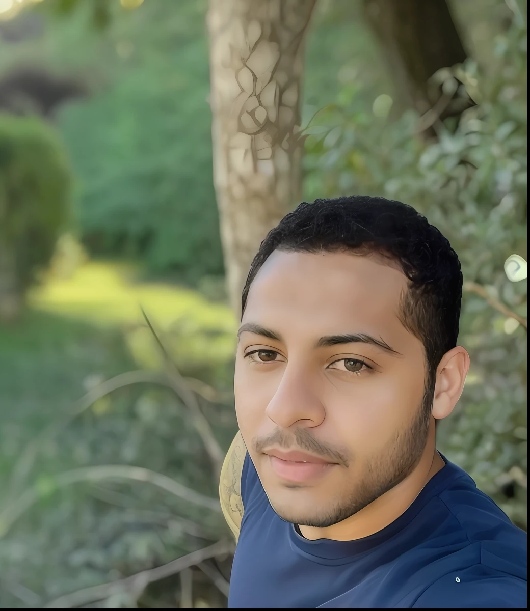 There is a man who is standing on the grass with a banana, taken in the early 2020s, foto de perfil headshot, em frente a um fundo de floresta, foto portait foto de perfil, Fotografia selfie 8k, foto de perfil profissional, trees in the background,imagem azul no fundo, brown skin man egyptian prince, foto do perfil do facebook, Amr Elshamy