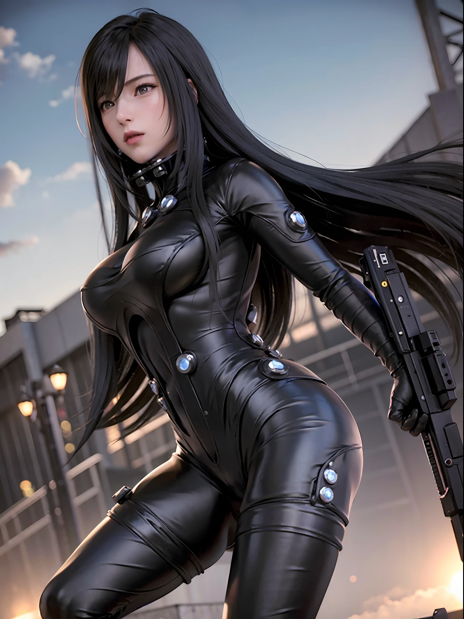 reika\(Gantz\)、reika\(Short suit\)、(8k、top-quality、​masterpiece:1.2)、(realisitic、Photorealsitic:1.37)、ultra-detailliert、女の子1人、cute little、独奏、mournful、beautiful countenance、large full breasts、black eyes、see the beholder、In the middle of the battlefield、brilliance、natta、frombelow、