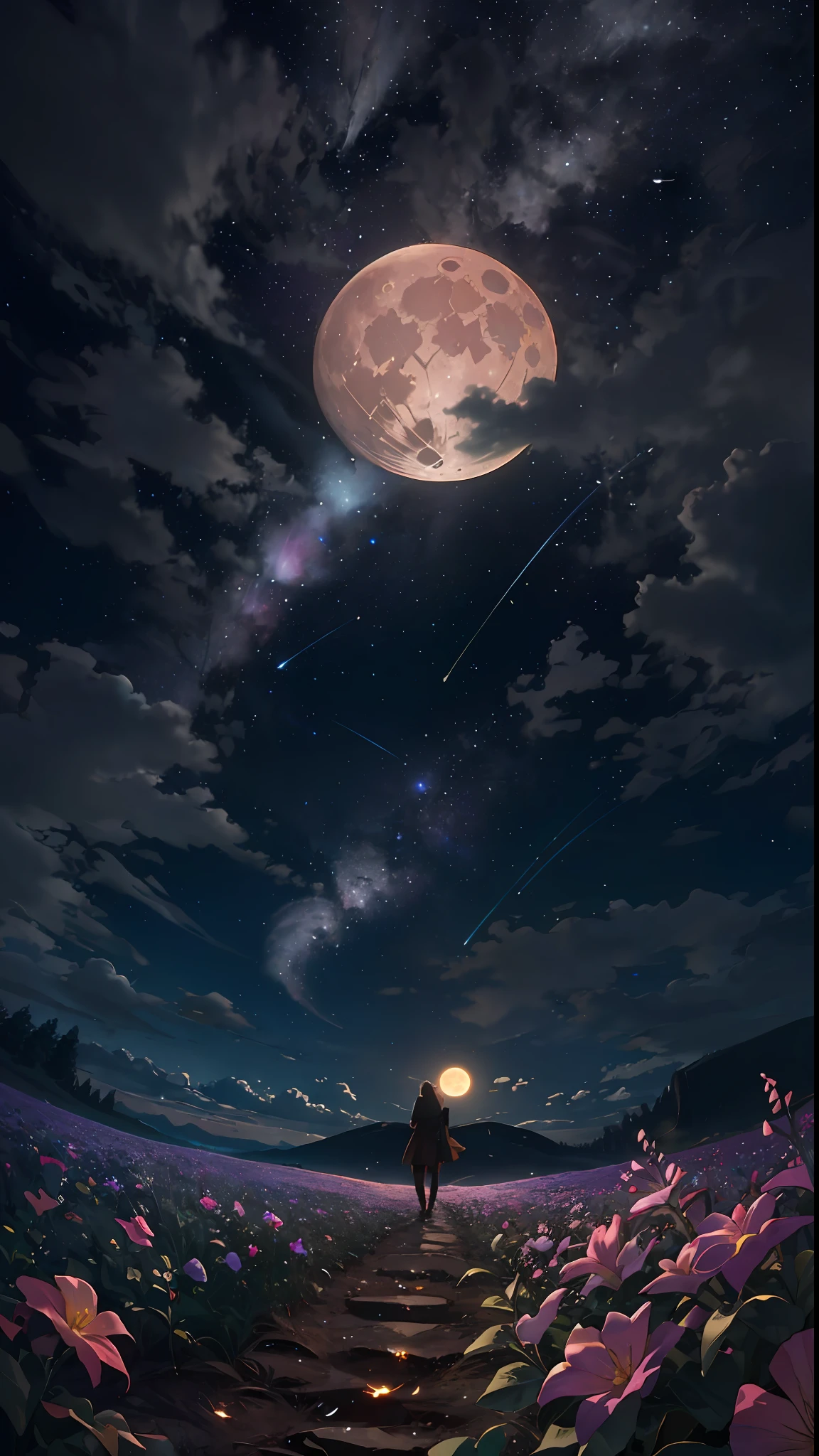 Vast landscape photo, (viewed from below, the sky is above and the open field is below), a girl standing on a flower field looking up, (full moon: 1.2), (meteor: 0.9), (nebula: 1.3), distant mountains , Trees BREAK Crafting Art, (Warm Light: 1.2), (Fireflies: 1.2), Lights, Lots of Purple and Orange, Intricate Details, Volumetric Lighting, Realism BREAK (Masterpiece: 1.2), (Best Quality), 4k, Ultra-Detailed, (Dynamic Composition: 1.4), Very Detailed, Colorful Details, (Rainbow Colors: 1.2), (Glow Lighting, Atmospheric Lighting), Dreamy, Magical, (Solo: 1.2)