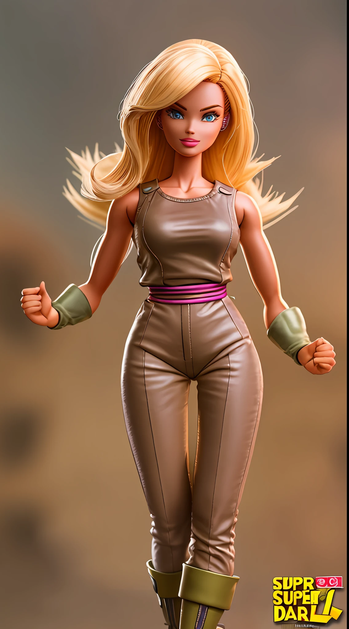 boneca barbie, Barbie como um personagem de Dragon Ball, Super Saiyajin, Cores Naturais, action shot, ultra detalhado, corpo inteiro, dynamic pose, rosto da Barbie, Rendered in unreal 5 graphics engine, fotografia, poster 9:16, 35 mm, F/2.8, Tiro corporal incrivelmente detalhado e realista