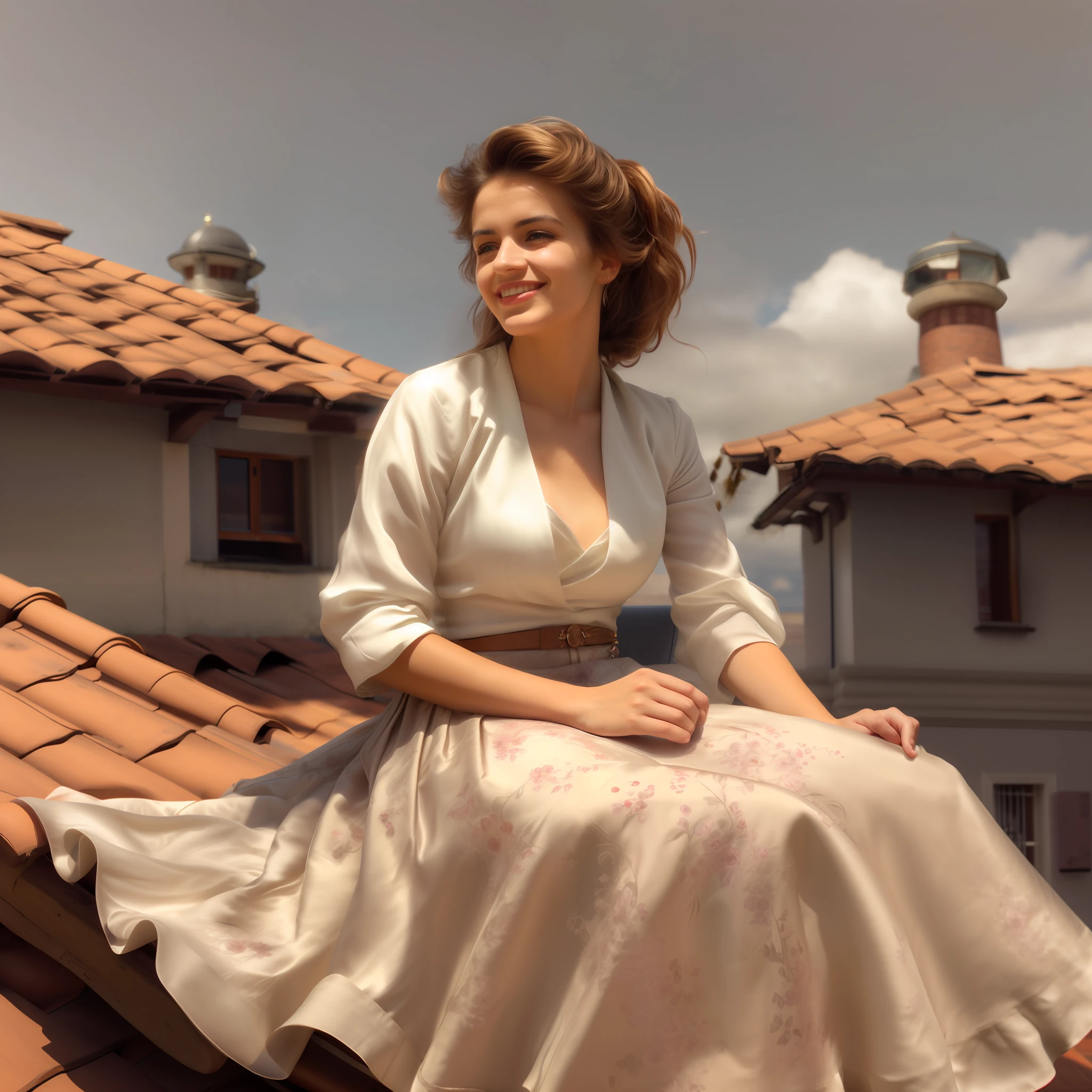 (shy smiling) woman sitting on a roof outside and playing with her skirt and spreading her skirt all over the roof, authentic (kind and tender) good woman wearing a short blazer with a very very detailed (long (fully pleated) full circle skirt) and (simple) low heeled office shoes, very very intricate hyper-detailed symmetric (attractive graceful young feminine face) with (sad, tired eyes and a shy smile), large breasts, full of empathy and compassion and love, (pronounced (feminine) features), (highly detailed ultra accurate realistic) hands and fingers, (windy conditions and wind blowing), epic composition, highly detailed attributes, highly detailed atmosphere, (35mm f1.4 Kodak portra 400 photograph), extremely high quality RAW photograph, detailed background, intricate, Exquisite details and textures,