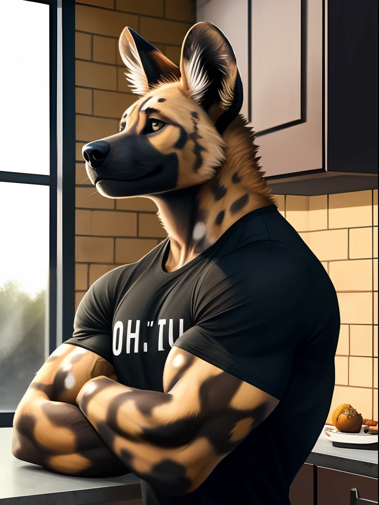 anthro, african wild dog, solo, male, flexing, leaning on elbow, adult, veiny muscles, muscular, t-shirt, realistic fur, detailed background, kitchen background, realistic, photorealistic, ultra realistic, 8k,