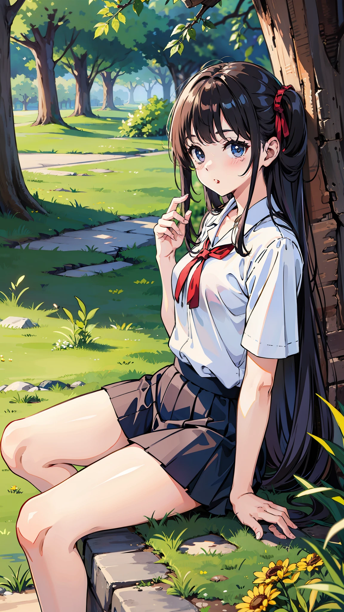 hight resolution、Hi-Res、masterpiece、Cute girl in mini skirt sitting on the ground with her knees upright、Look upwards while blushing