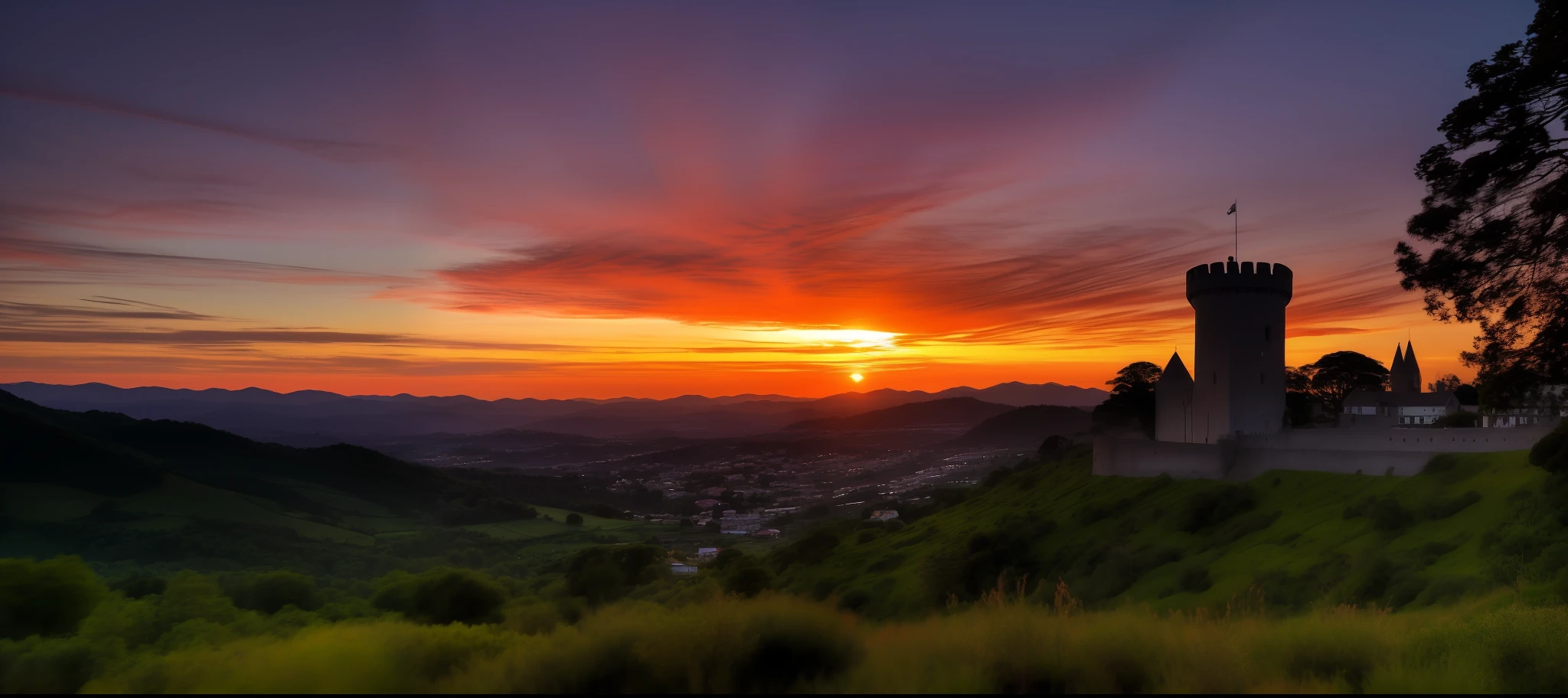 Sunset over a city with a tower on a hill, madrugada, dawn setting, Sunset view, sunset in background, early morning, sunset in the background, mountains and sunset!!, durante a madrugada, beautiful morning, early morning sunrise, durante o nascer do sol, mountains and colorful sunset!!, dusk setting, nascer do sol, dusk sunset in background, in the early morning, Nascer do Sol na Montanha, There is a castle with towers in the mountain alyo