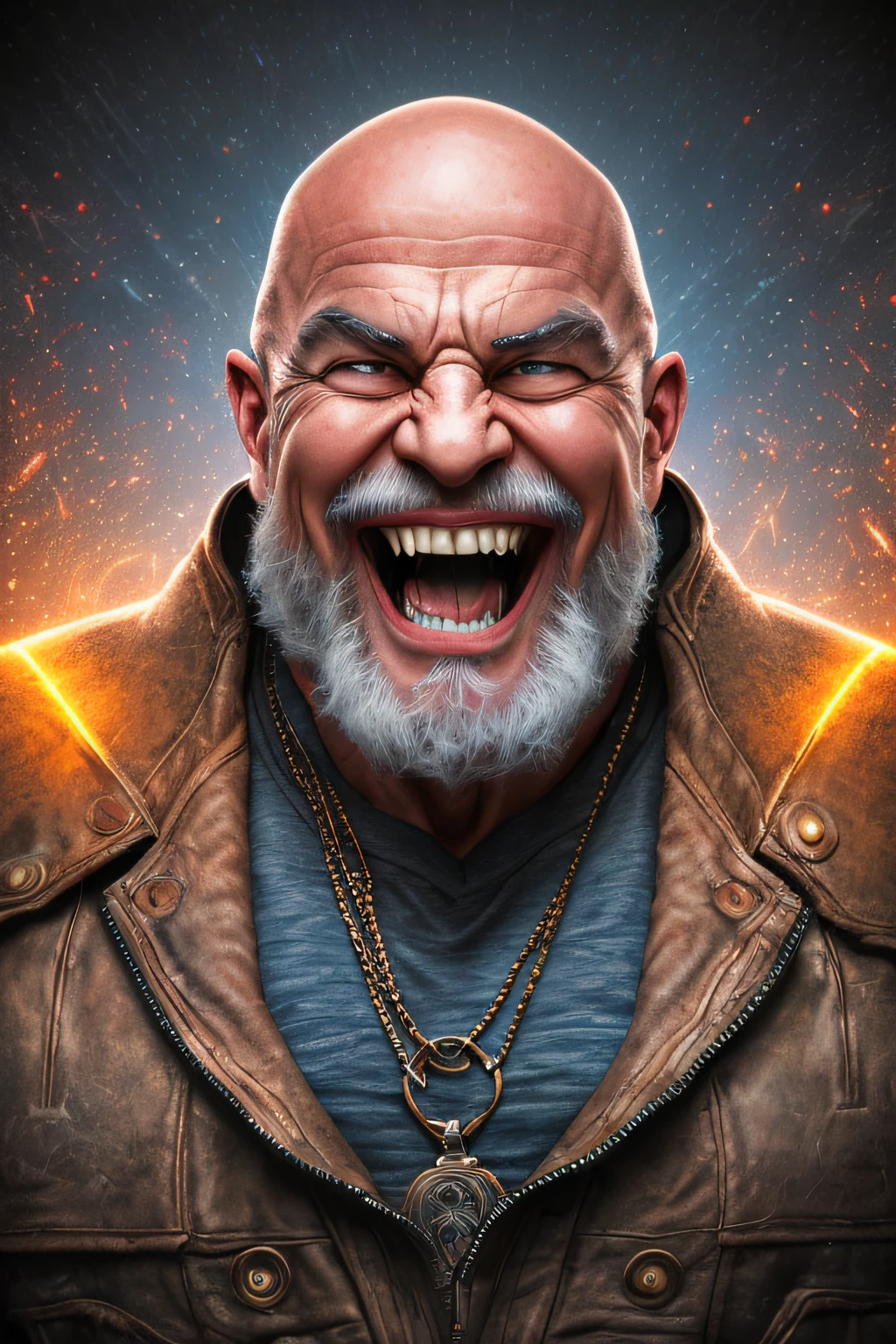 a portrait of a laughing, toxic, muscle, god, elder, (hdr:1.28), bald, hyperdetailed, cinematic, warm lights, intricate details, hyperrealistic, dark radial background, (muted colors:1.38), (neutral colors:1.2) --auto