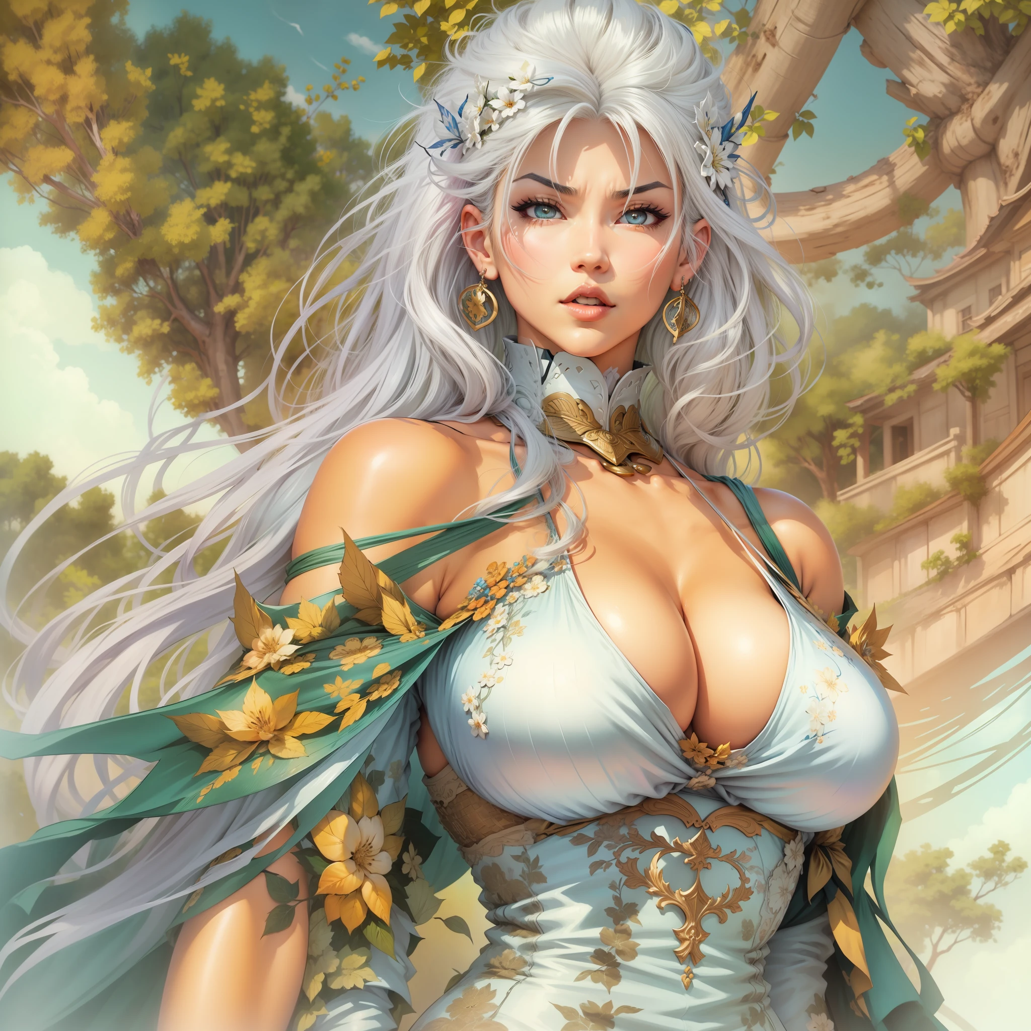 a close up of a woman in a dress with a large breast, full body, full color manga cover, style of masamune shirow, manga comic book cover, by Masamune Shirow, white haired deity, inspired by Masamune Shirow, doujin, japanese comic book, full color manga visual style, manga cover style, manga cover, ecchi