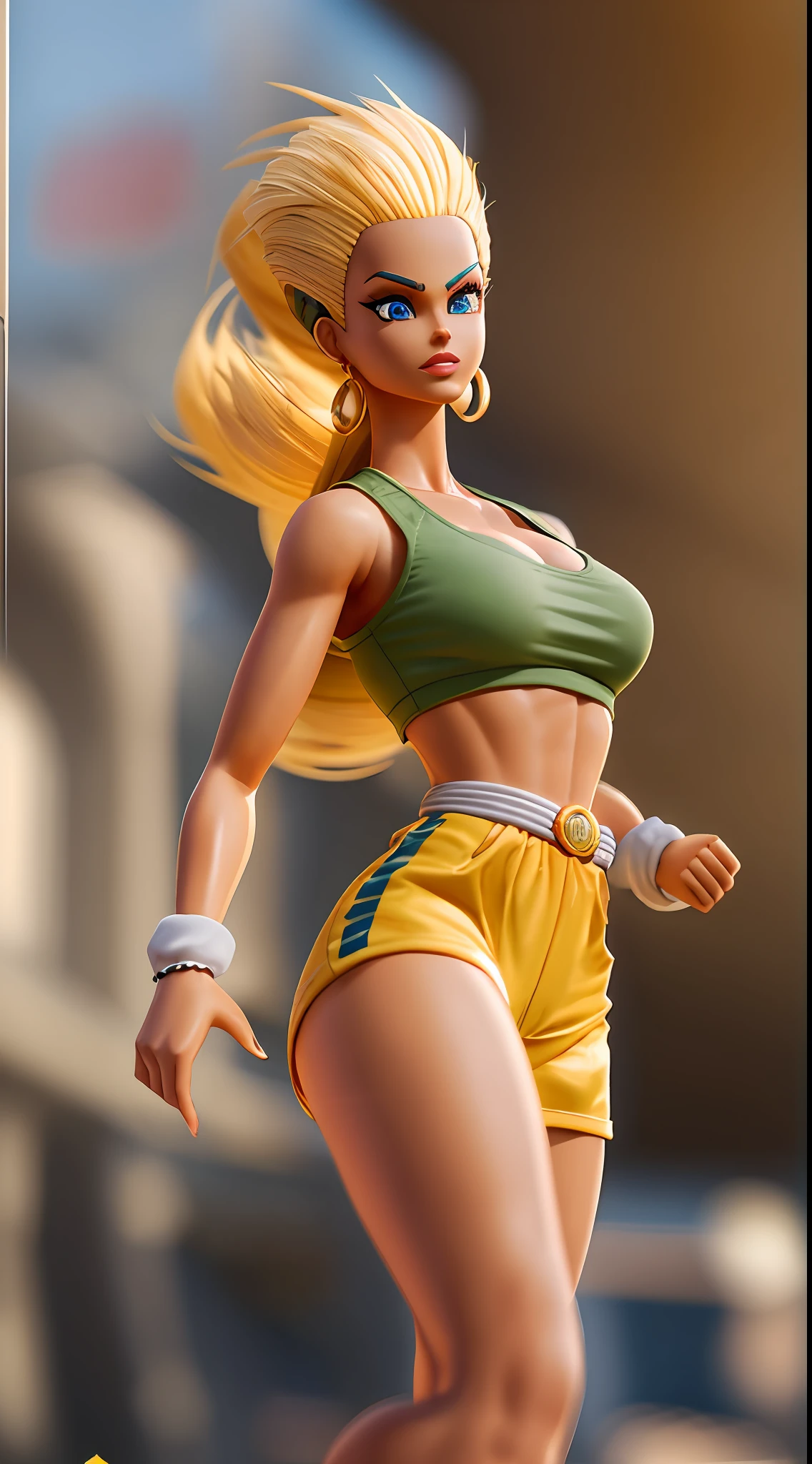 boneca barbie, Barbie como um personagem de Dragon Ball, Super Saiyajin, Cores Naturais, action shot, ultra detalhado, corpo inteiro, dynamic pose, rosto da Barbie, Rendered in unreal 5 graphics engine, fotografia, poster 9:16, 35 mm, F/2.8, Tiro corporal incrivelmente detalhado e realista
