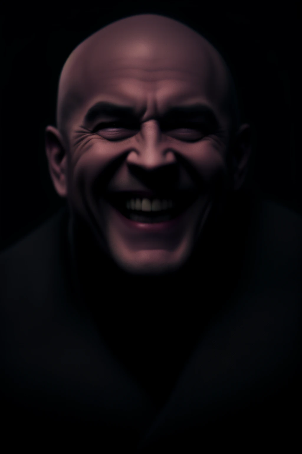 a portrait of a laughing, toxic, muscle, god, elder, (hdr:1.28), bald, hyperdetailed, cinematic, warm lights, intricate details, hyperrealistic, dark radial background, (muted colors:1.38), (neutral colors:1.2)