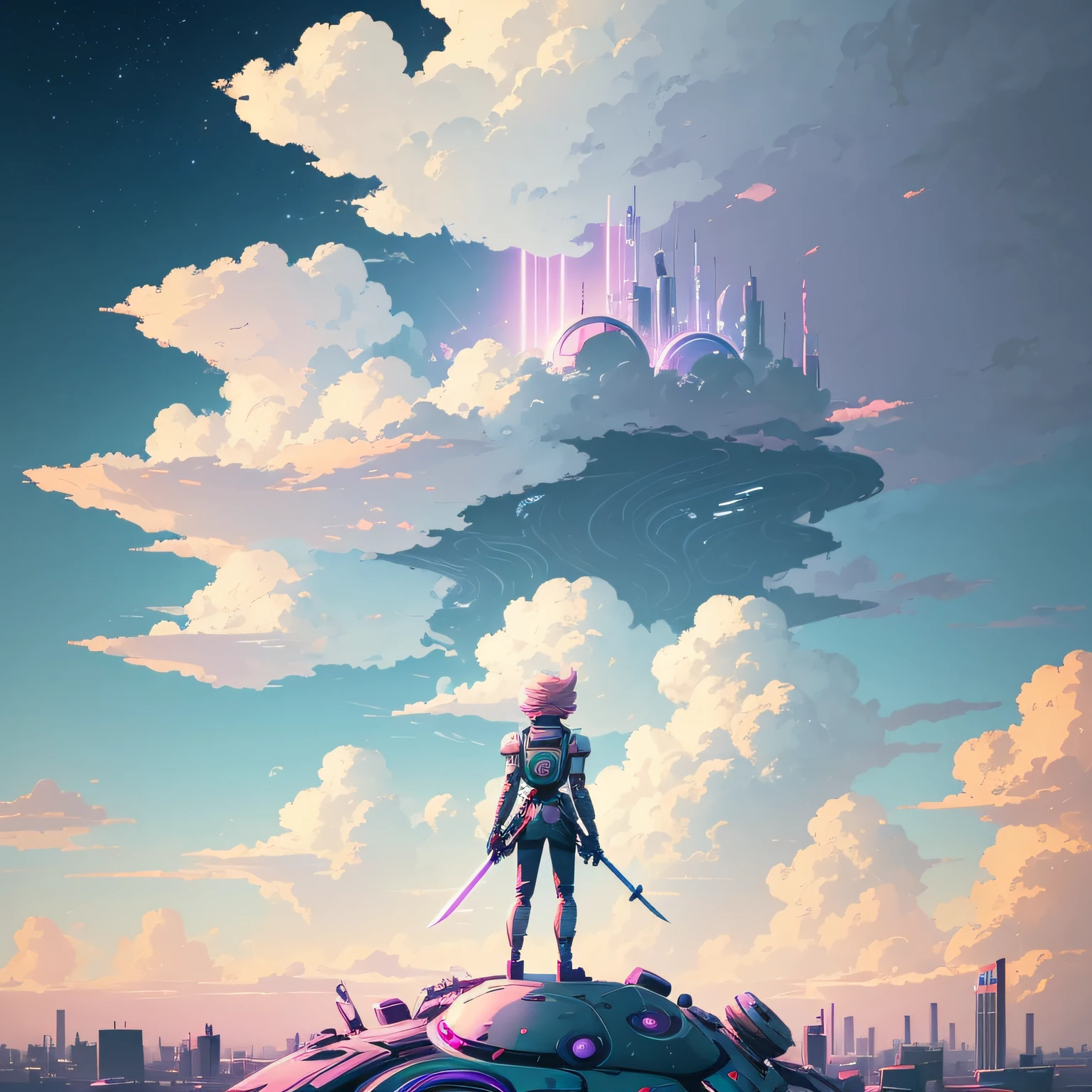 highly detailed portrait of a adorable robot with round, expressive eyes and a friendly smile. It has a cheerful, bright color scheme, with a mix of pastel blues, pinks, and purples, standing with its arms crossed holding a toy sword, surrounded by a swirling vortex of energy. The background is a colorful, cartoon-like landscape, with fluffy clouds and a rainbow. The background is a stark, metallic landscape, with a futuristic cityscape visible in the distance. by atey ghailan, by eduard hopper, by greg tocchini, by james gilleard, grunge aesthetic graffiti, octane render --auto