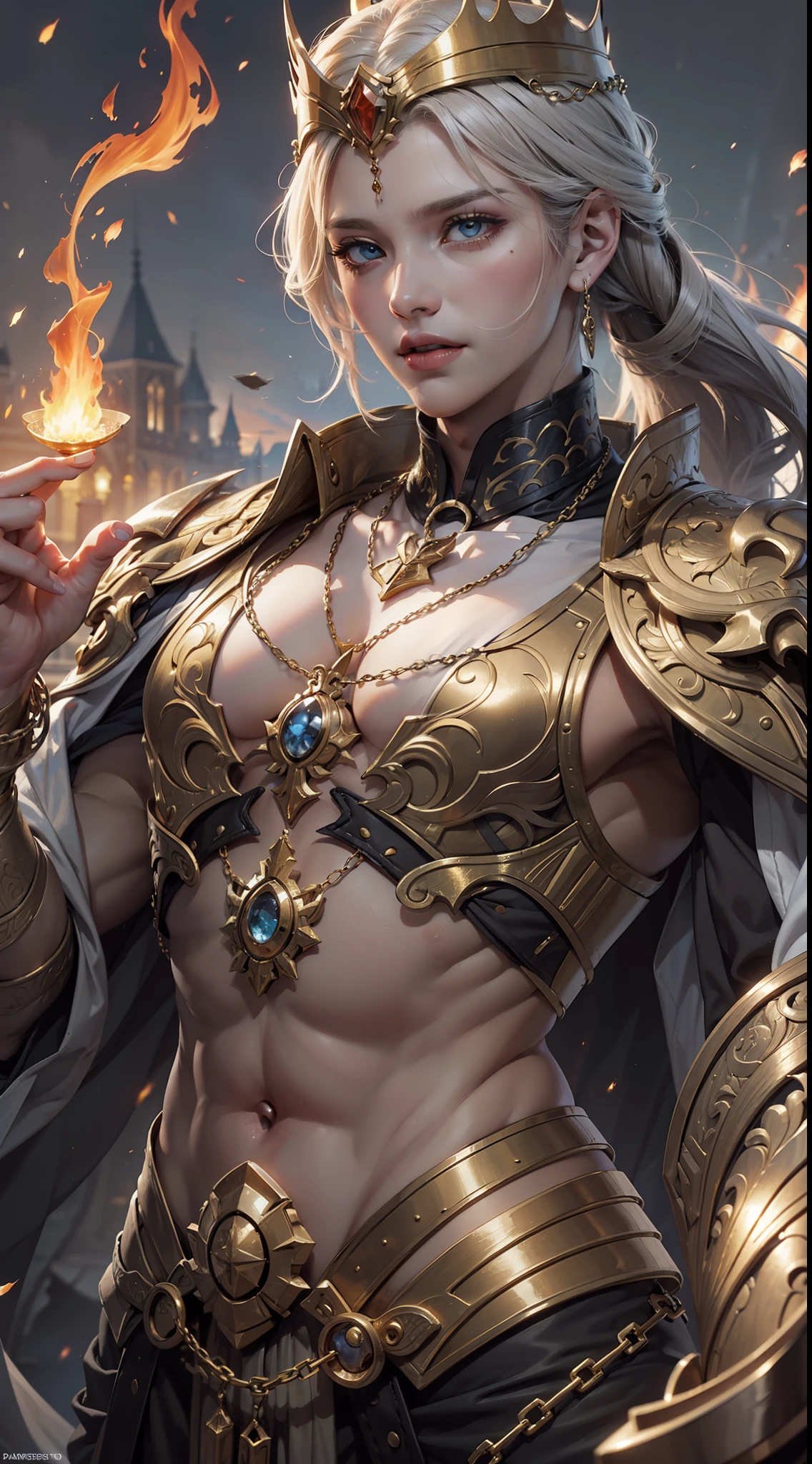 (Very detailed 8K wallpapers), medium plan , the embodiment of pride in the form of a man is a guy, a sharp chin, cheekbones, a manhwa style, golden eyes burning with fire, an expression of superiority on his face, a chain with jewels around his neck, a crown on his head, long golden hair pulled back in a ponytail, tall and muscular. warm golden light, detailed art, cartoon, fantasy,an intricate, higly detailed, dramatic