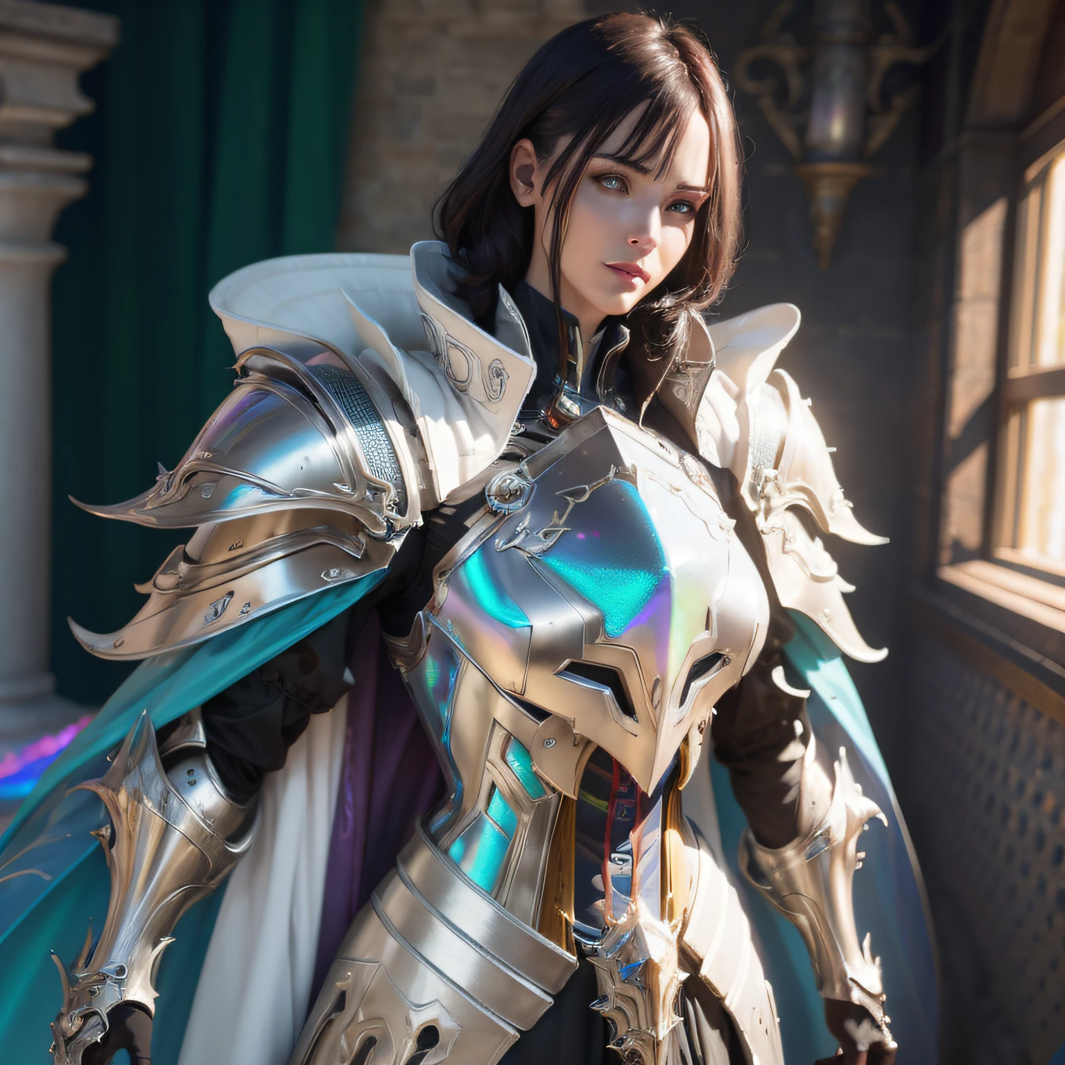 Character design Biomechanical supernatural warlock, ChromaFlair Latex armor , iridescent, full body shot, depth of field, hyper realistic, fantasy, photorealism, ChromaFlair, super adobe, 8k, full hd, cinematic, insanely detailed, illustration style, octane render, dramatic lighting --auto