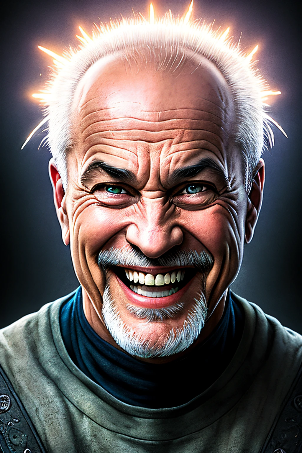 a portrait of a laughing, toxic, muscle, god, elder, (hdr:1.28), bald, hyperdetailed, cinematic, warm lights, intricate details, hyperrealistic, dark radial background, (muted colors:1.38), (neutral colors:1.2)