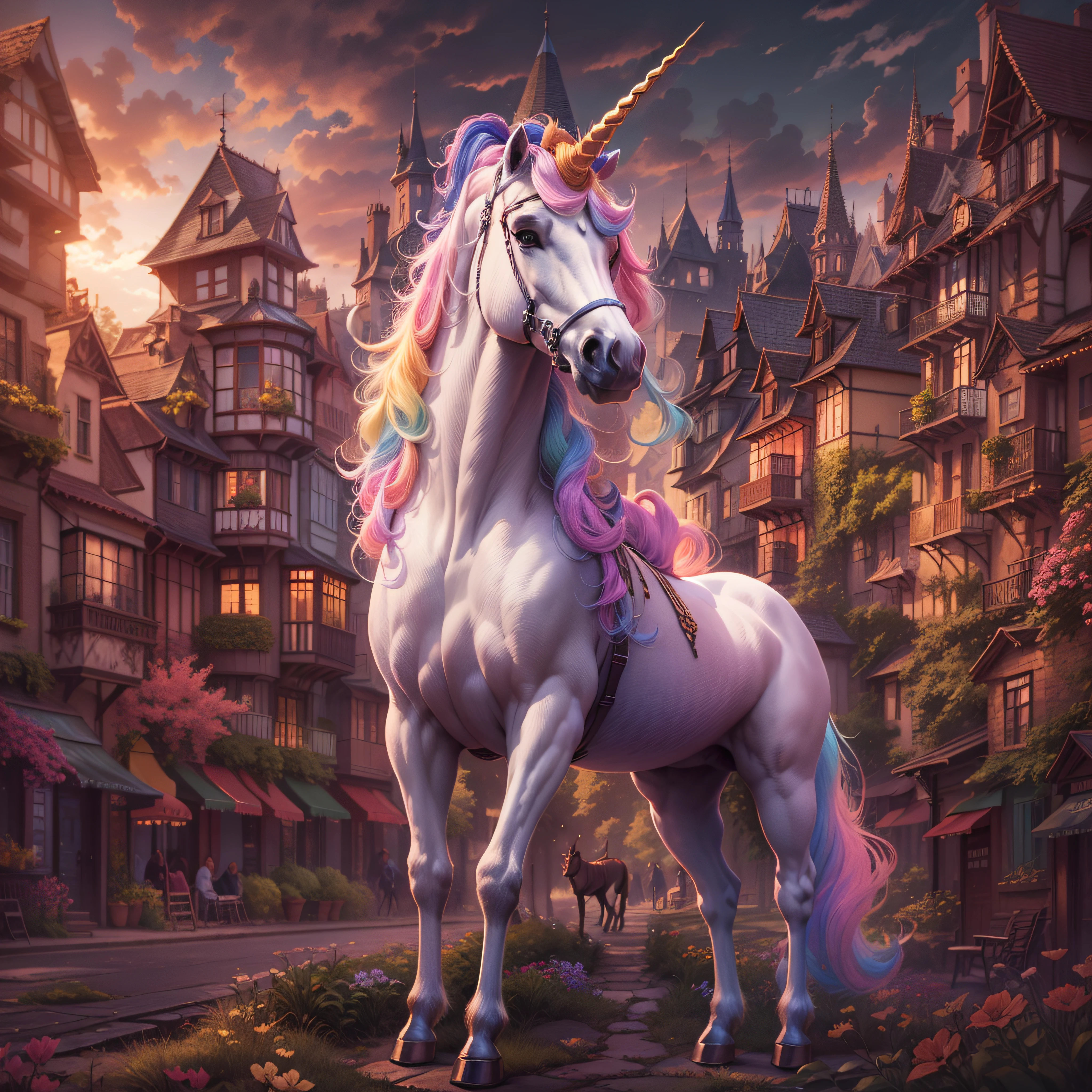 A unicorn in a magical city, caricature, extremely detailed, glamour photography, real estate photography, deep colors, earth tones, acidwave, comtemporary realism, fantasy, fairytale, rainbowcore