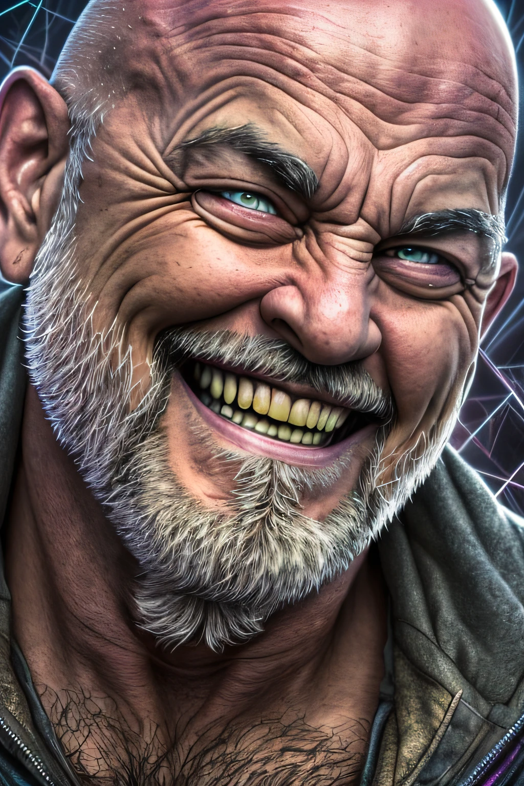 a portrait of a laughing, toxic, muscle, god, elder, (hdr:1.28), bald, hyperdetailed, cinematic, warm lights, intricate details, hyperrealistic, dark radial background, (muted colors:1.38), (neutral colors:1.2)