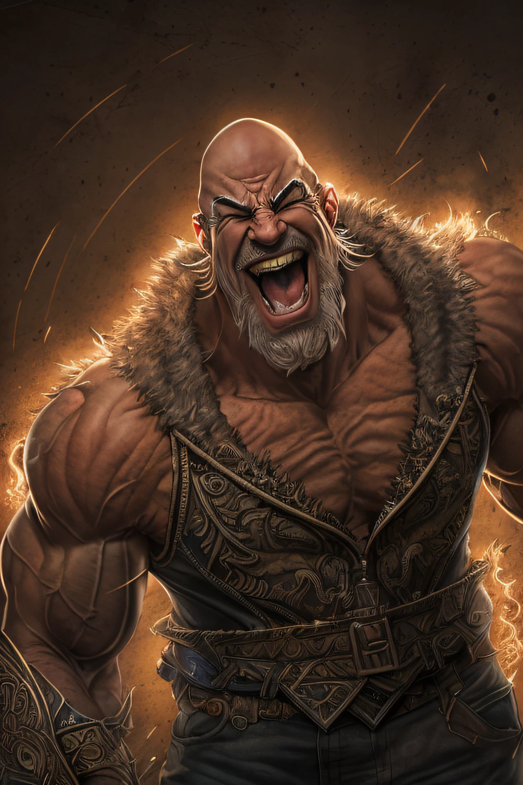 a portrait of a laughing, toxic, muscle, god, elder, (hdr:1.28), bald, hyperdetailed, cinematic, warm lights, intricate details, hyperrealistic, dark radial background, (muted colors:1.38), (neutral colors:1.2)