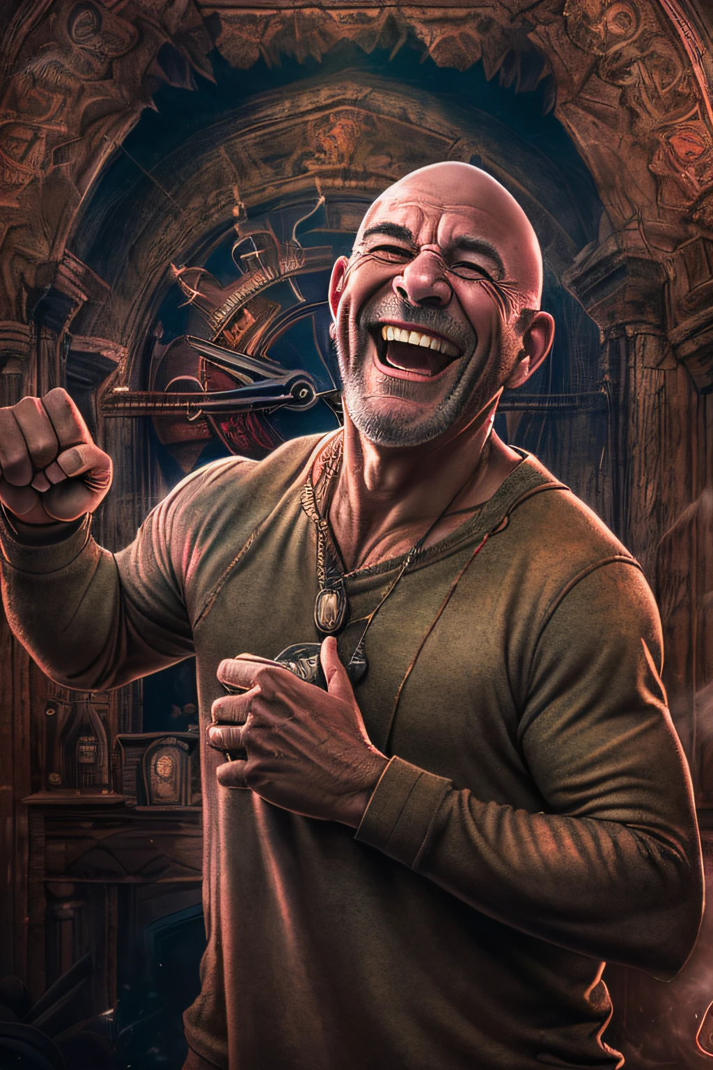 a portrait of a laughing, toxic, muscle, god, elder, (hdr:1.28), bald, hyperdetailed, cinematic, warm lights, intricate details, hyperrealistic, dark radial background, (muted colors:1.38), (neutral colors:1.2)