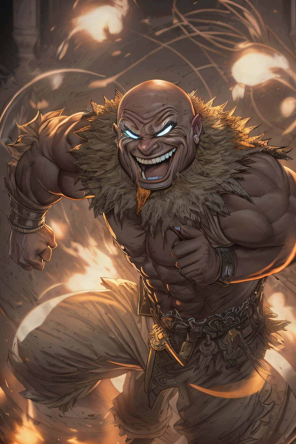 a portrait of a laughing, toxic, muscle, god, elder, (hdr:1.28), bald, hyperdetailed, cinematic, warm lights, intricate details, hyperrealistic, dark radial background, (muted colors:1.38), (neutral colors:1.2)