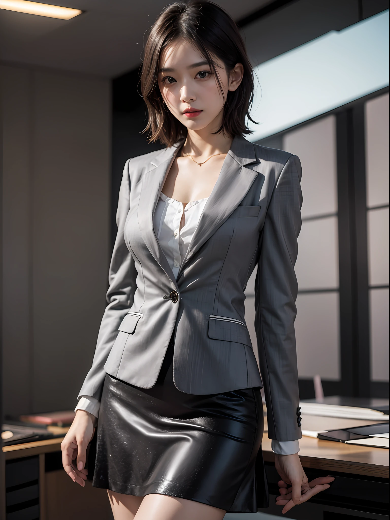 1girl in, (((shorth hair))), Business suits,((long skirt)),(masterpiece, top-quality, Near and far law), beautiful expression, in 8K, Raw foto, Photorealsitic, film grains, chromatic abberation, hight resolution, ultra-detailliert, finely detail, 动态照明, Dramatic Lighting、shadowy、extremely detailed eye and face、Round pupils、(((Modern and luxurious office)))、long legged